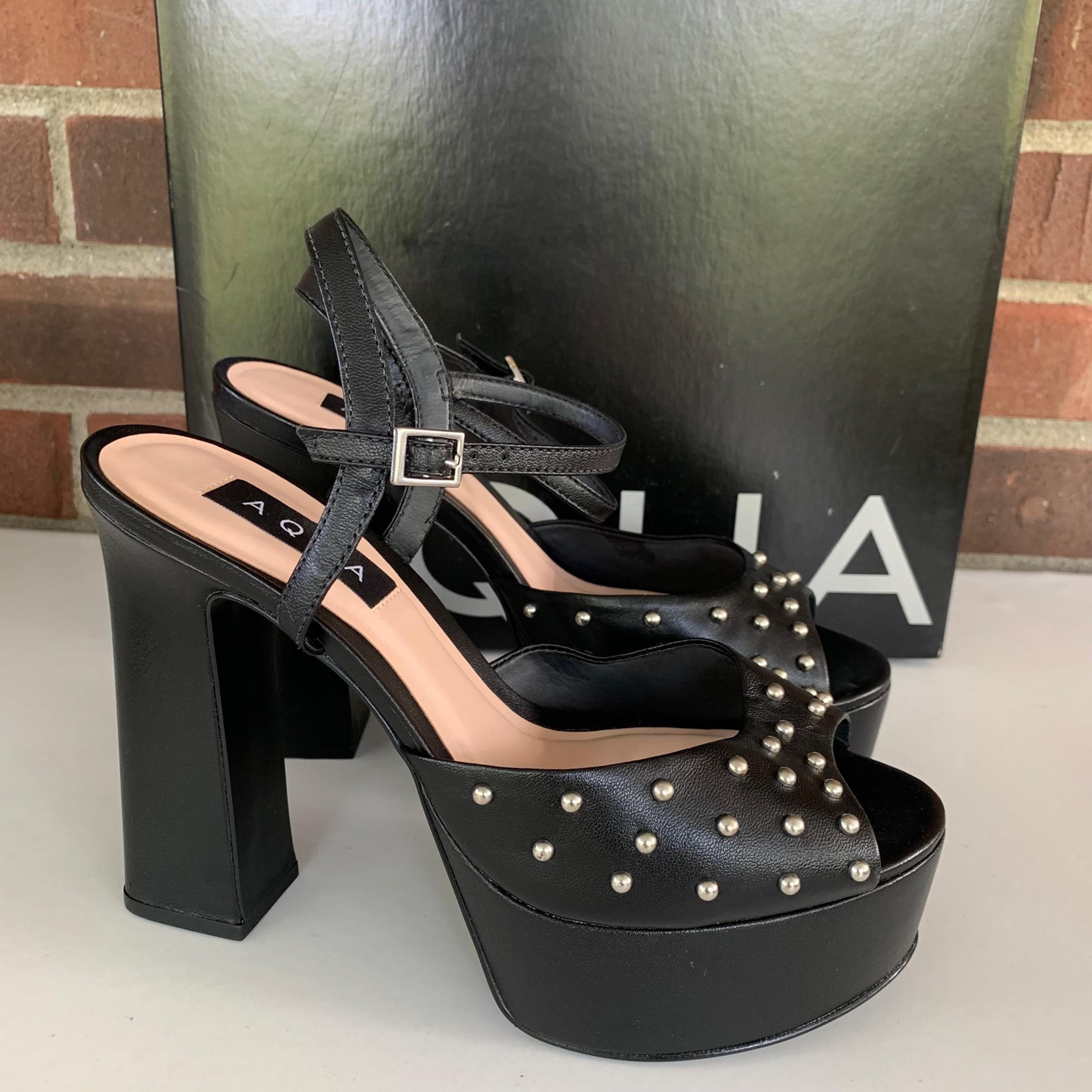 Aqua Womens Cullen black Leather studded Ankle Strap Platform Sandals US 8 B. In
