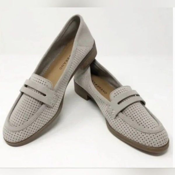 Lucky Brand Caylon Stone Gray Suede Leather Perforated Slip-on Penny Loafers 7