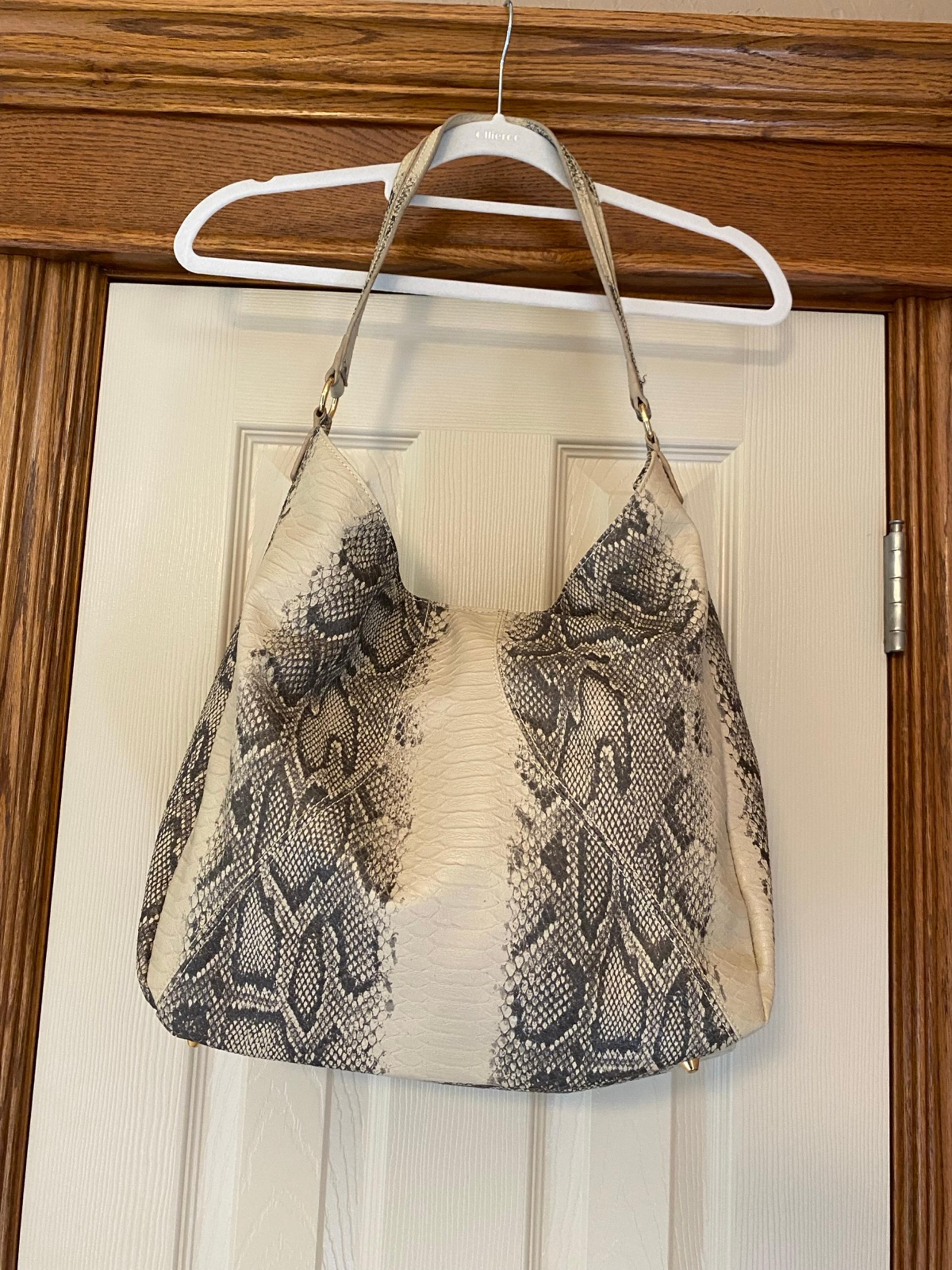 Iman Womens Snake Print Tote Shoulder Bag Beige Gray