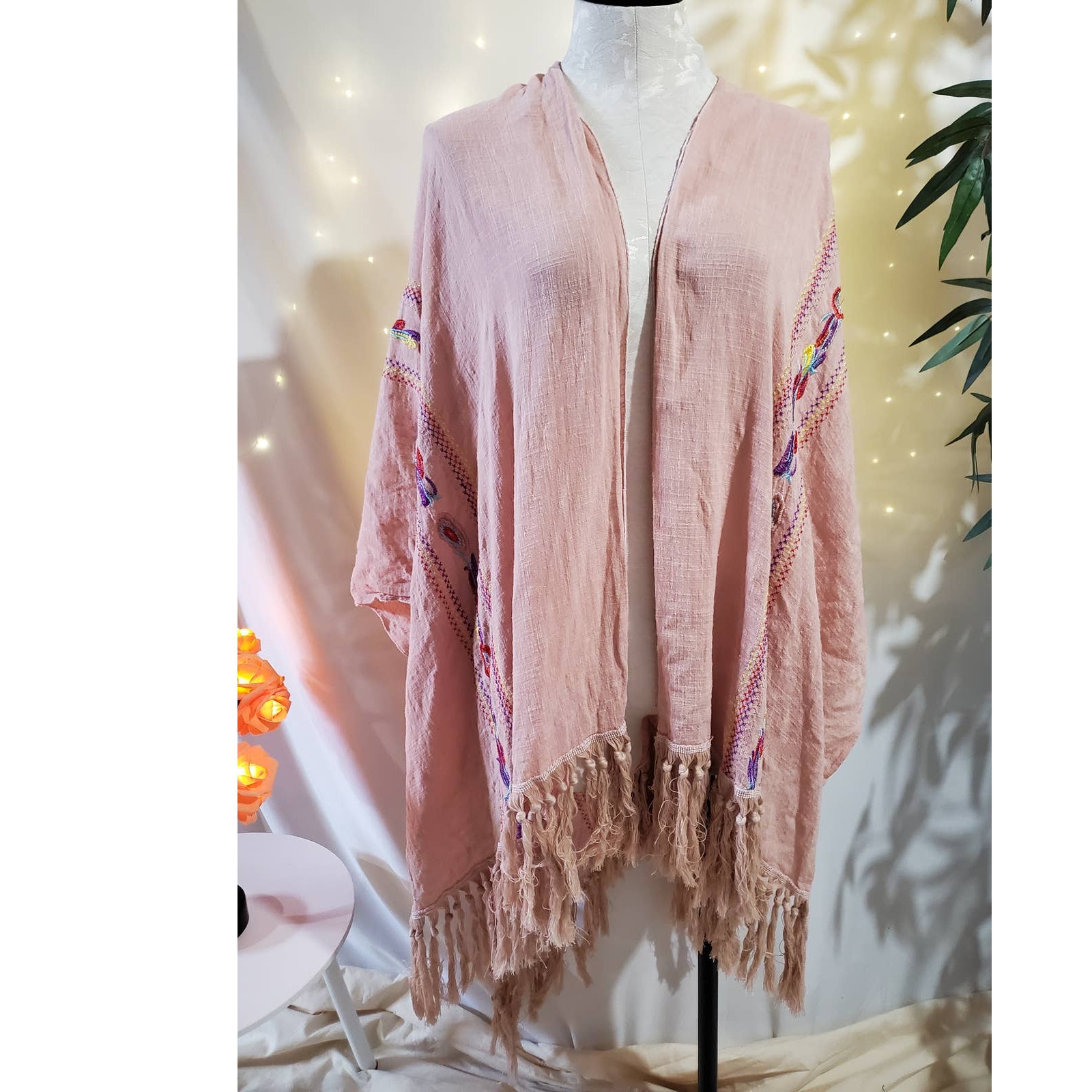 Fantasia Pink Embroidered Floral Colorful Tassel Boho Shawl Wrap Poncho Cotton
