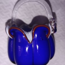 Blue and white glass basket bowl blown glass 5.5 × 4.5