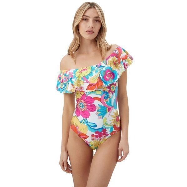 162 NWT Trina Turk Fontaine Off The Shoulder Ruffle One Piece Swimsuit Size 6