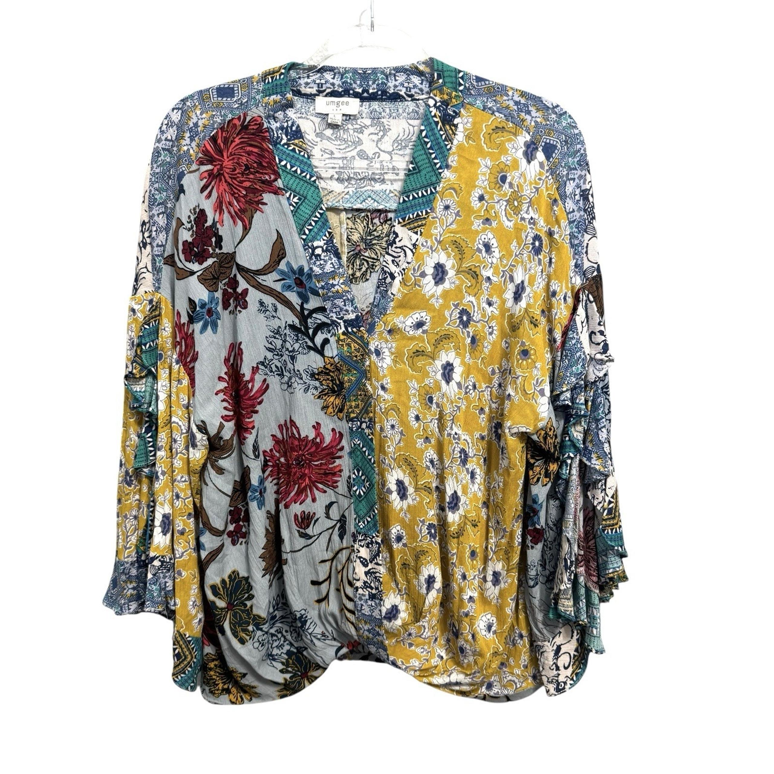 UMGEE Size L Mixed Print Faux Wrap Boho Top Butterfly Sleeve Bohemian Peasant