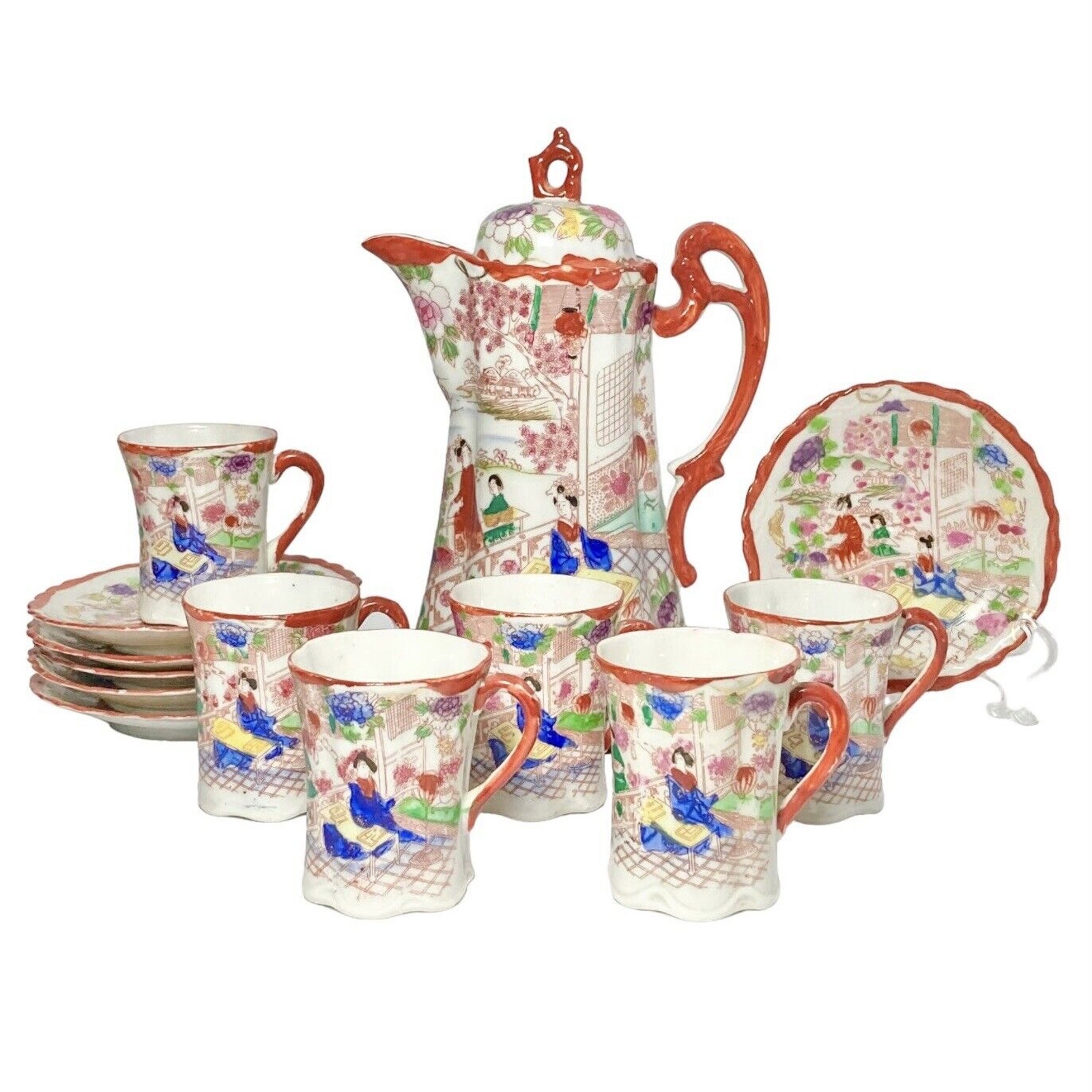 1940s Postwar Japanese Import 13-Piece Bone China Demitasse Coffee Set, Geisha