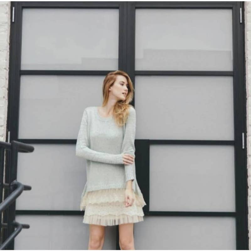 S/M A'reve handmade lace trim tunic sweater blue cream