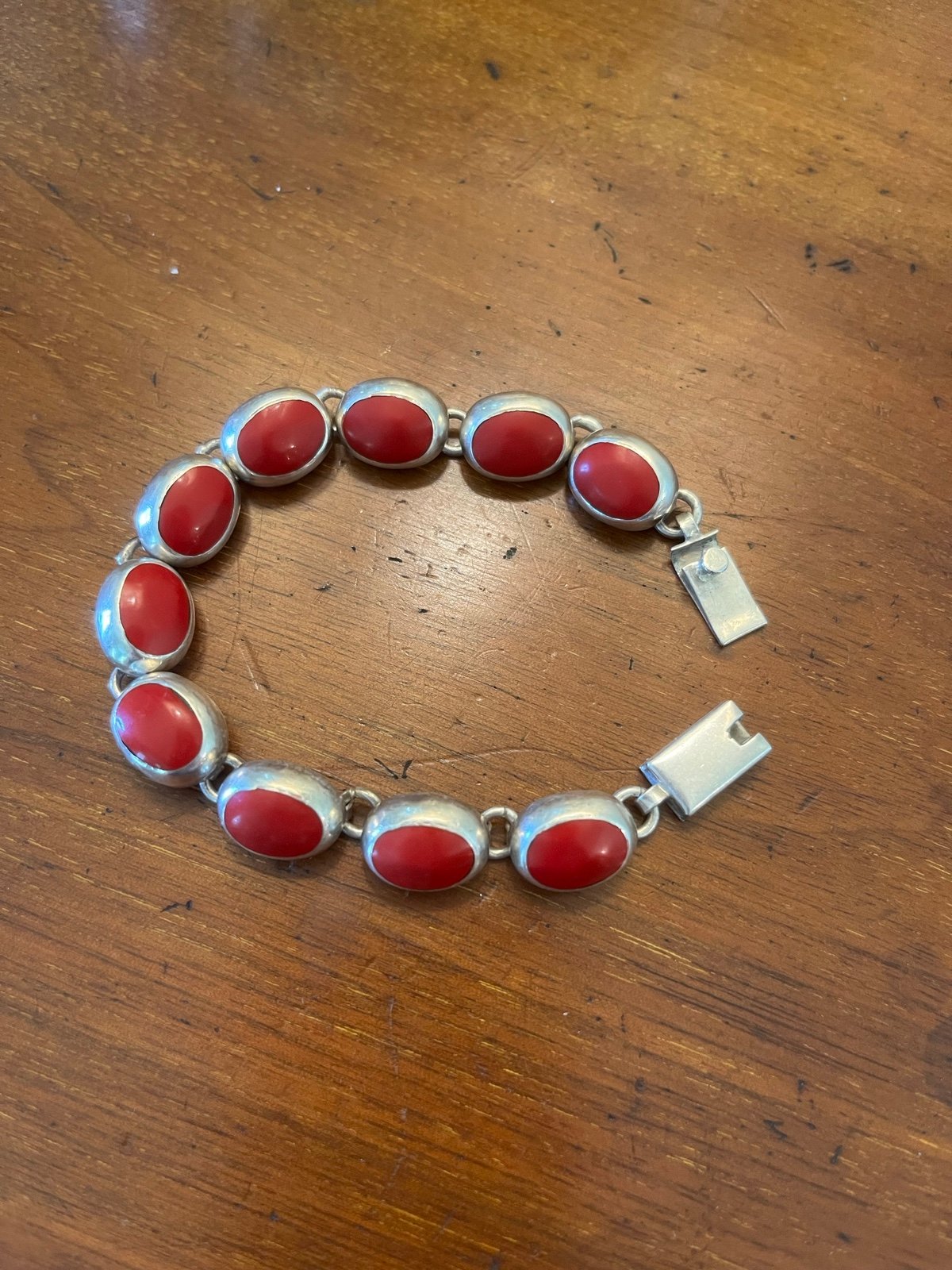 Vintage red enamel Sterling Silver 925 link bracelet with open box closure