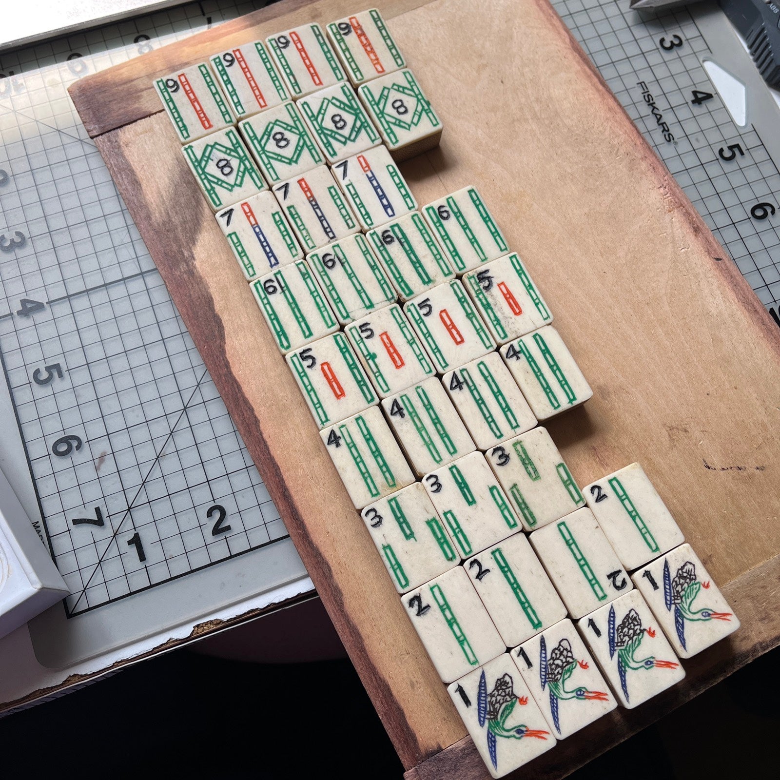 lot 34PC mah jong mahjong antique vtg game bamboo bone tiles Chinese antique