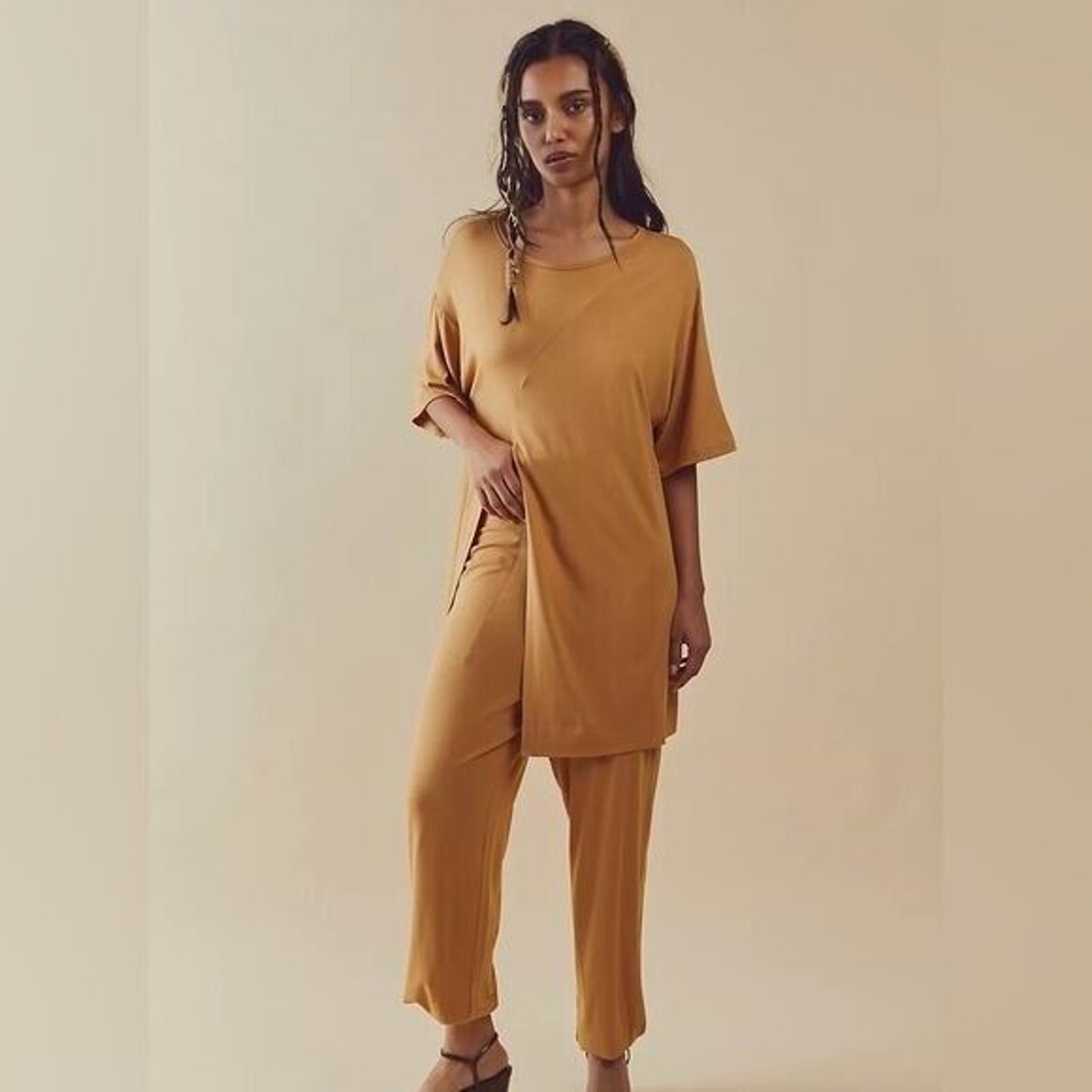 New free people two-piece lounge set oversized shirt SZ XS SUN RAY SLIT TEE SOFT