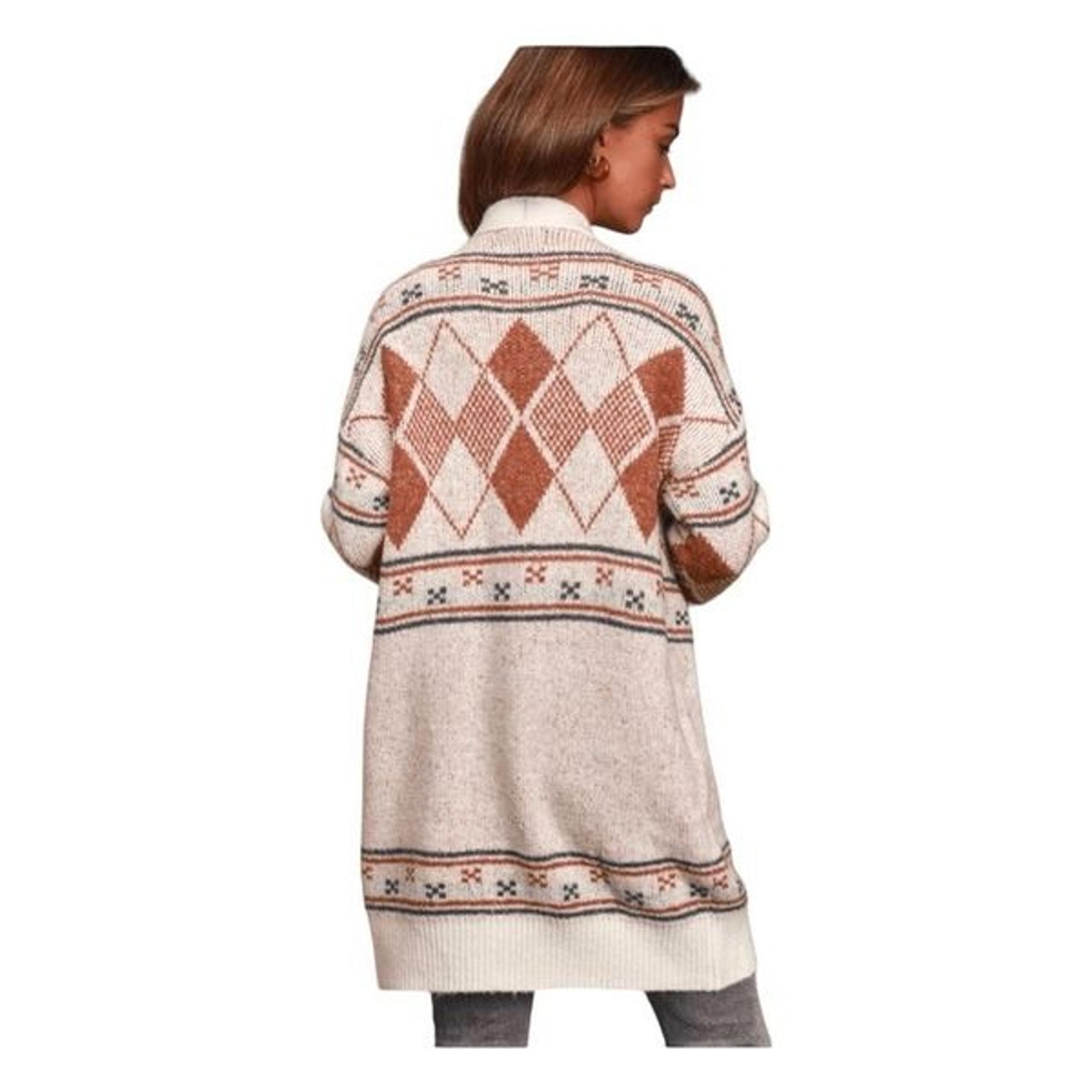 Lulu's Anchorage Long Line Cardigan Sweater Cream Argyle Inspired Print S