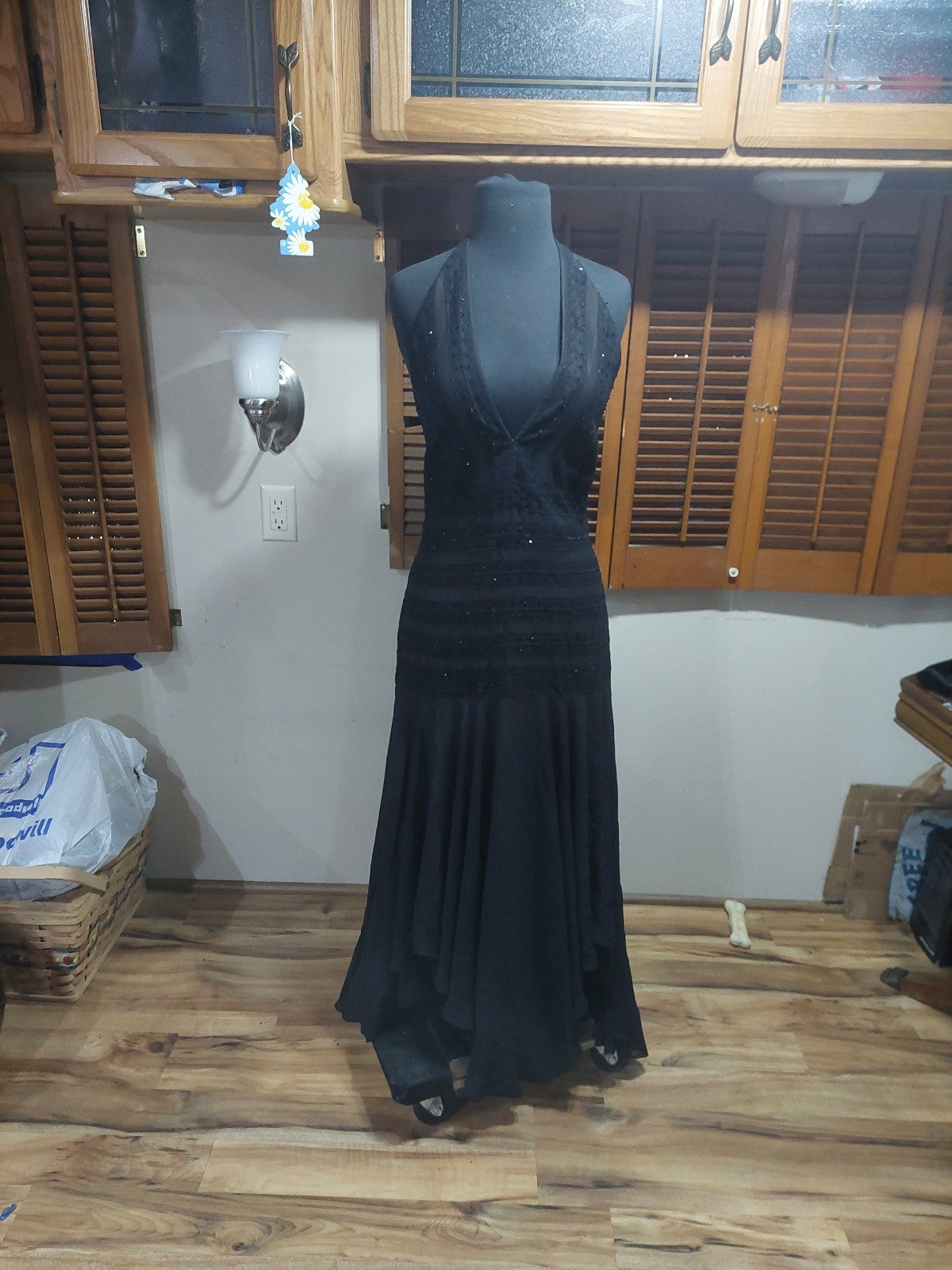 Vintage black beaded positive chiffon draped dress (14)