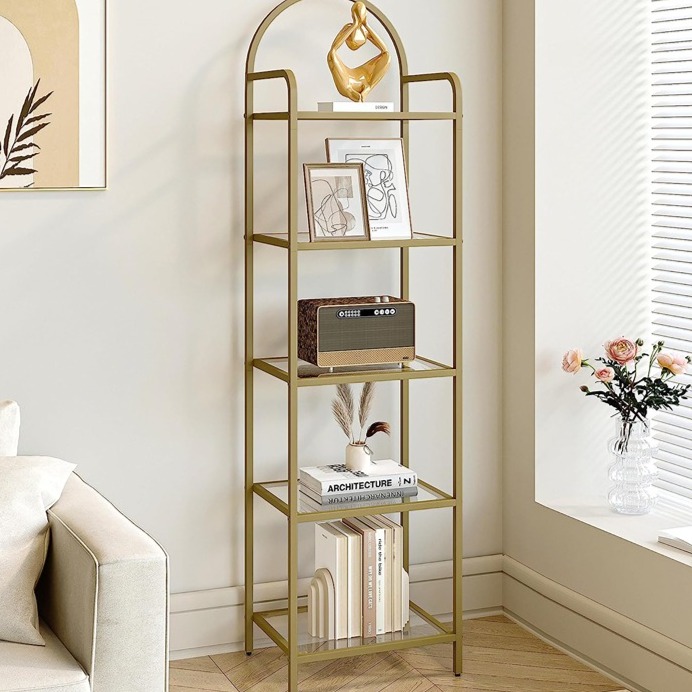 5 Tier Bookcase Bookshelf, Tempered Glass Bookshelves, Slim Shelving