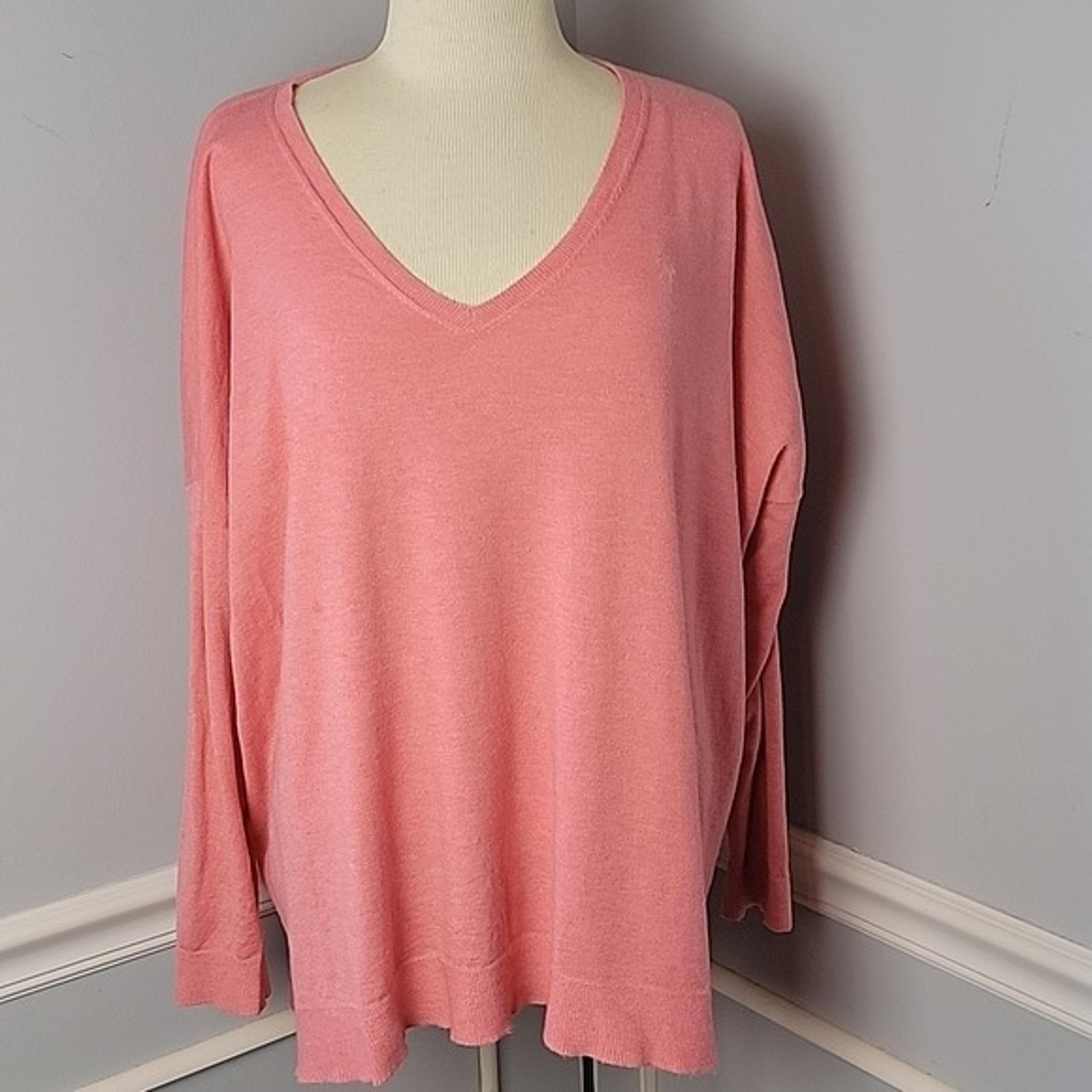 POLO Ralph Lauren Pink V-Neck Drop Shoulder Side Slit Lightweight Spring Sweater