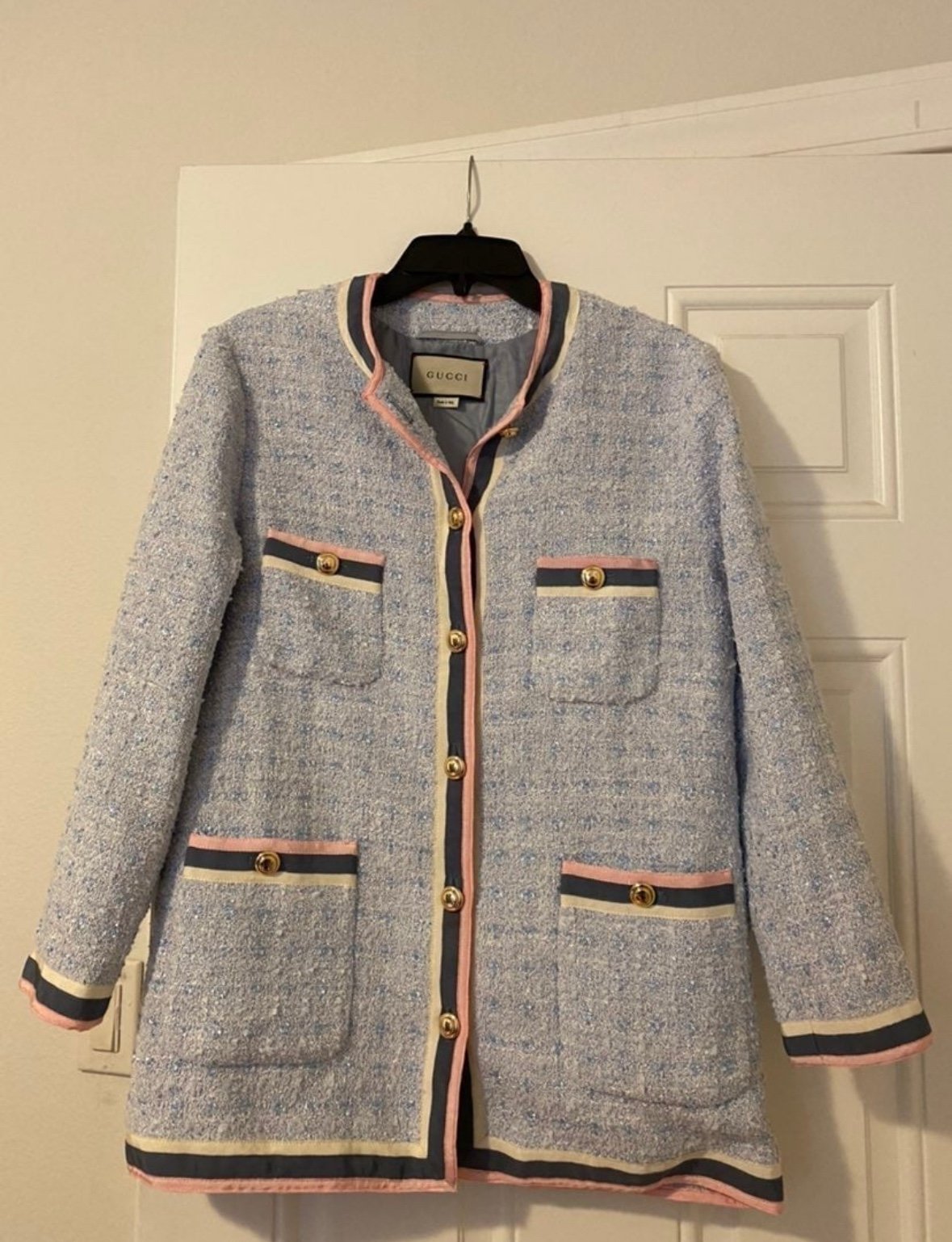 Gucci pink white accent blue tweed evening bomber jacket