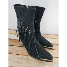 HOT- Oak Tree Farms Blk Suede Fringe Cowgirl Boots sz 8 Side Zipper
