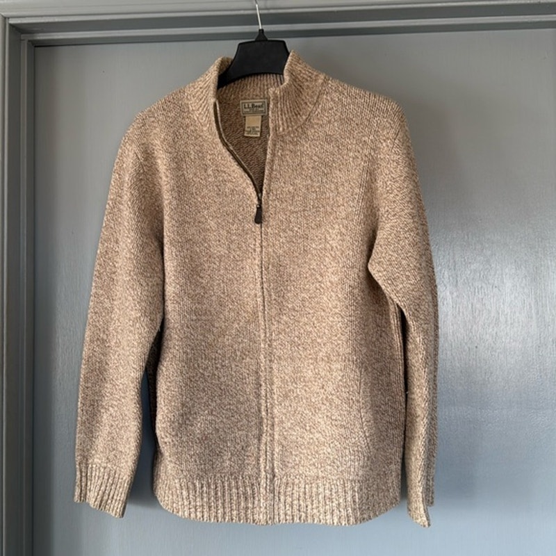 L.L. Bean 100% Lamb's Wool Full Front Zip Mens Tan Sweater sz L Mock Neck