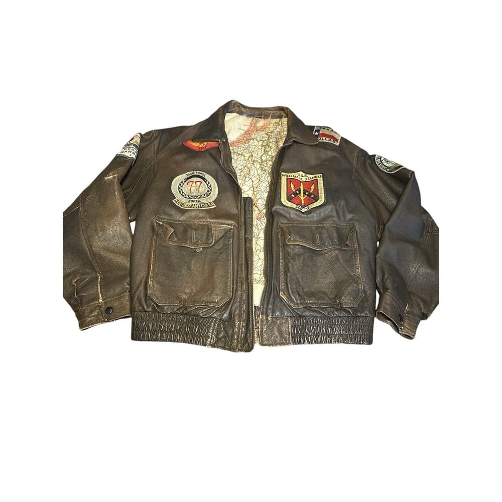 US NAVY Vintage Leather Jacket Flight Top Gun Military Patches Men's Small