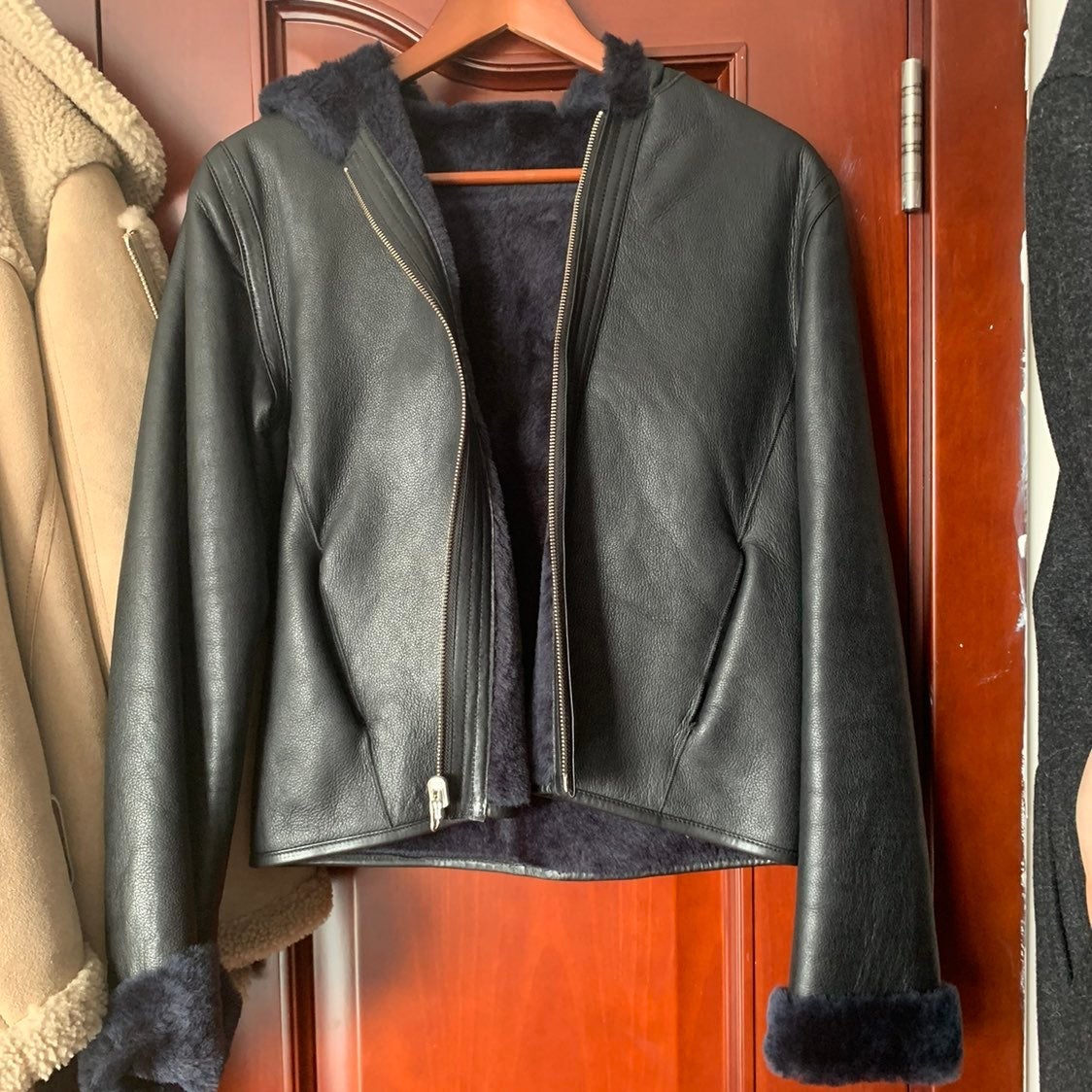 Hooded Black Leather shearling Jacket