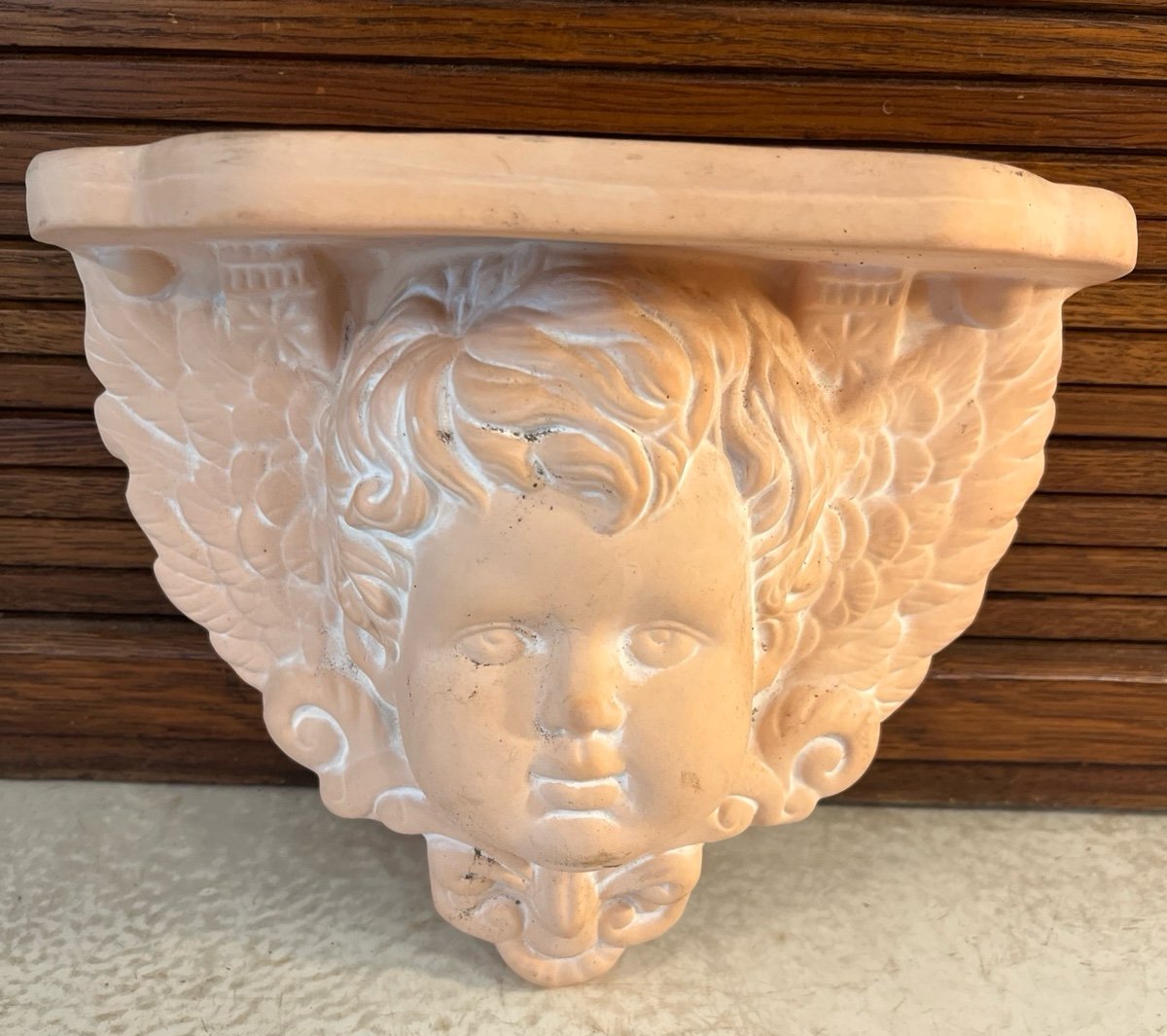 Vintage Chalkware Cherub Cupid Wall Shelf Terracotta Distressed Accent Shelf