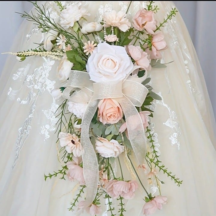 Wedding Bouquets For Bride, Champagne Rose Water Drops Artificial Toss Bouquet