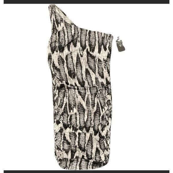 Guess Black~Gray~White Snakeskin Print One Shoulder Ruched Mini Dress Sz M