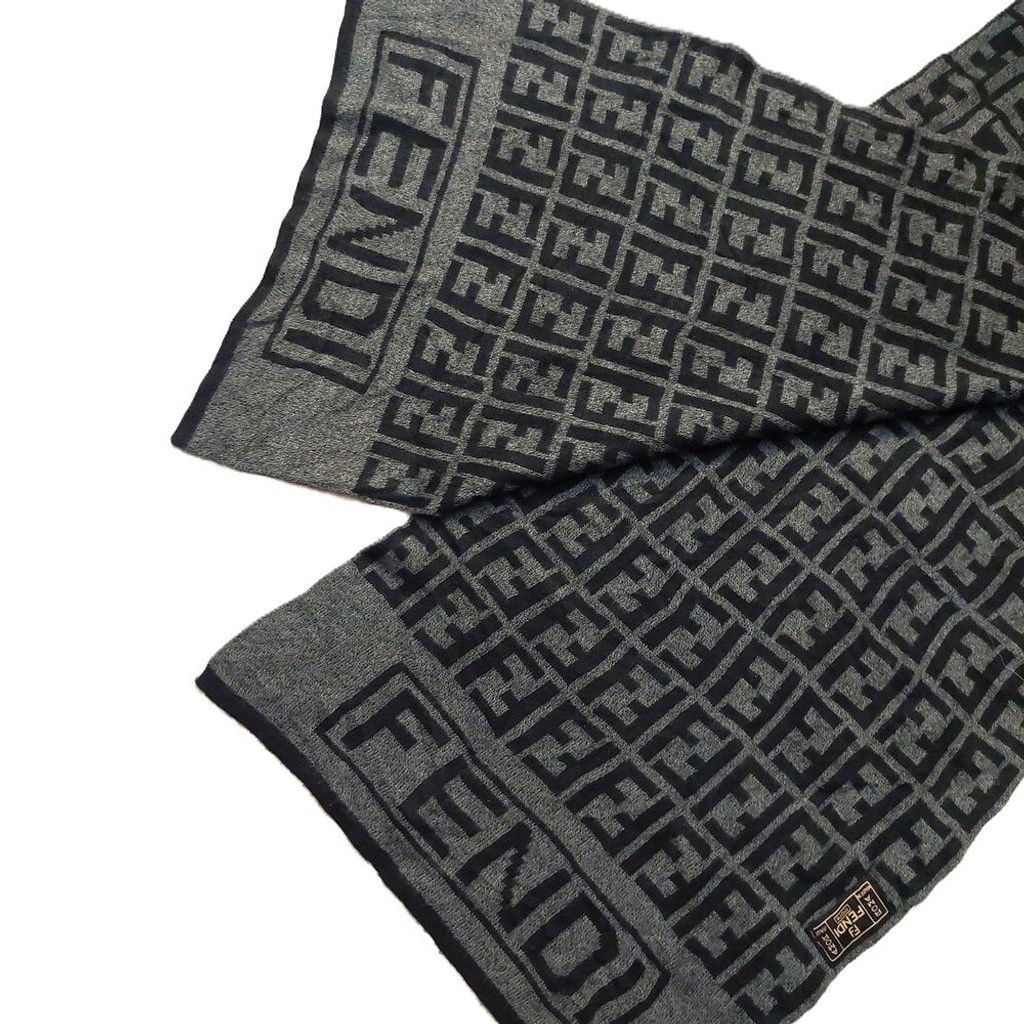 Vintage FENDI Black & Gray Reversible Monogram Scarf with Logo Accent