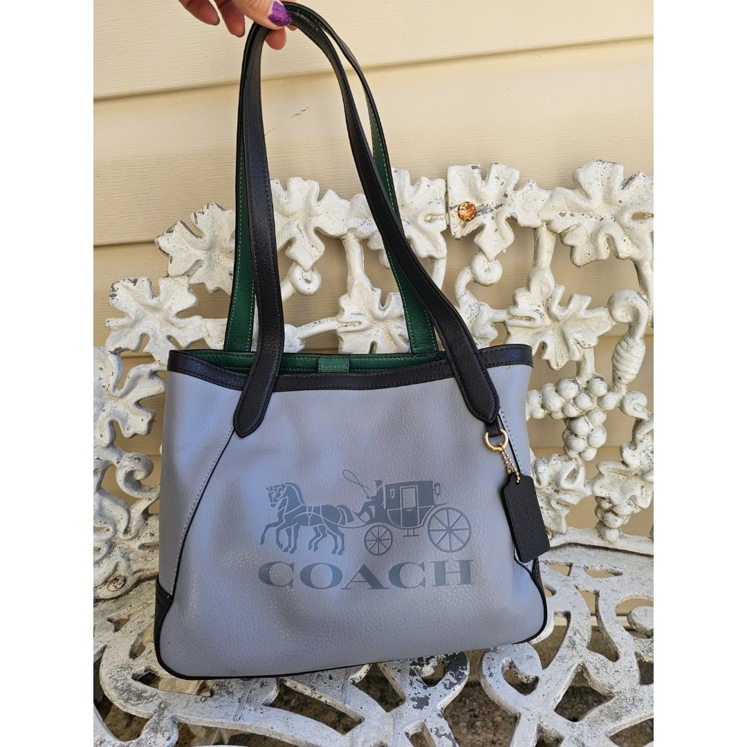 Coach Tote Twilight Blue Pebble Leather Bag Carriage Logo Green Lining C5775