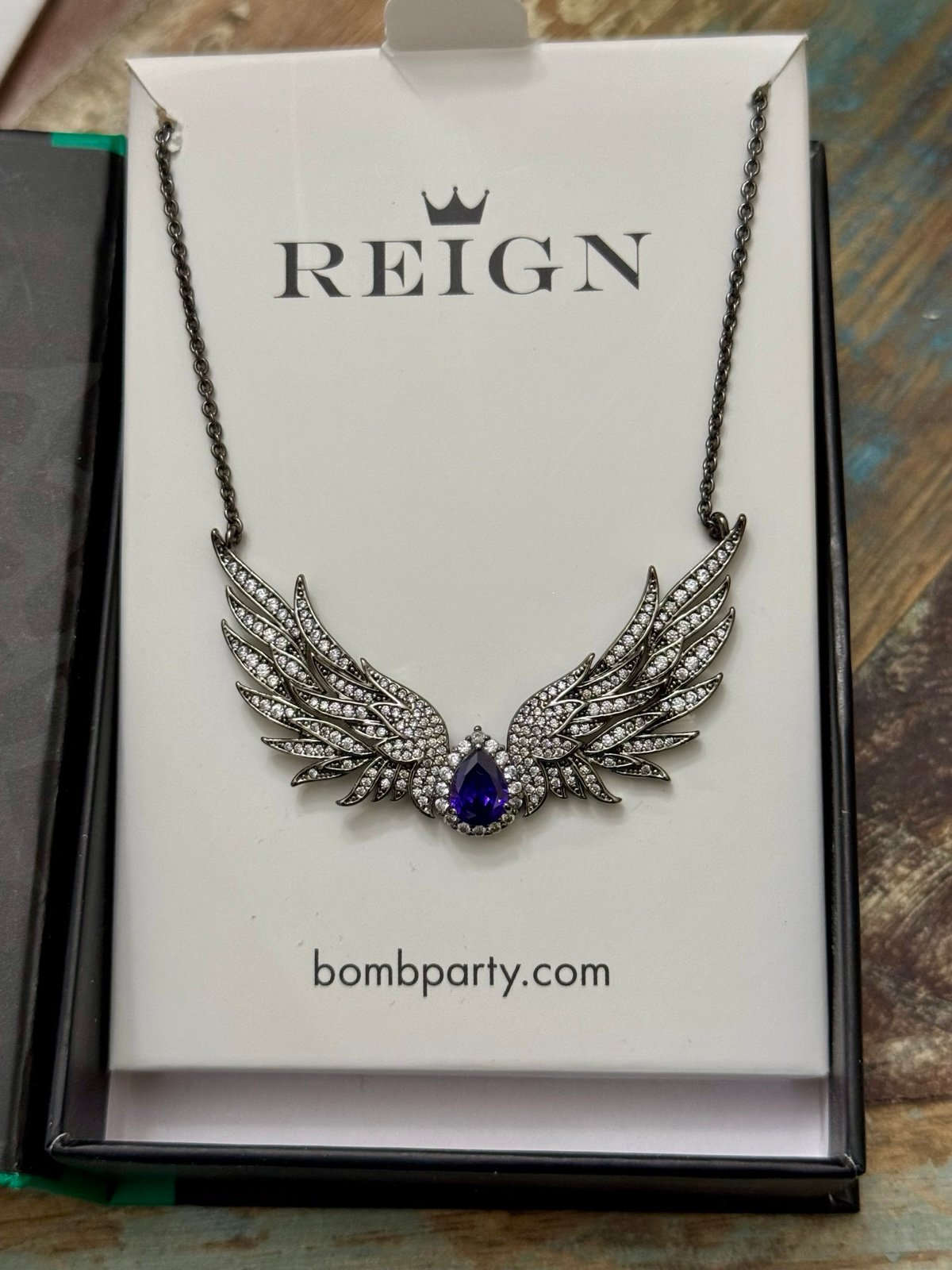 Bomb Party Reign Villain Wings Necklace. RBP7649 Dark Violet CZ on Hematite