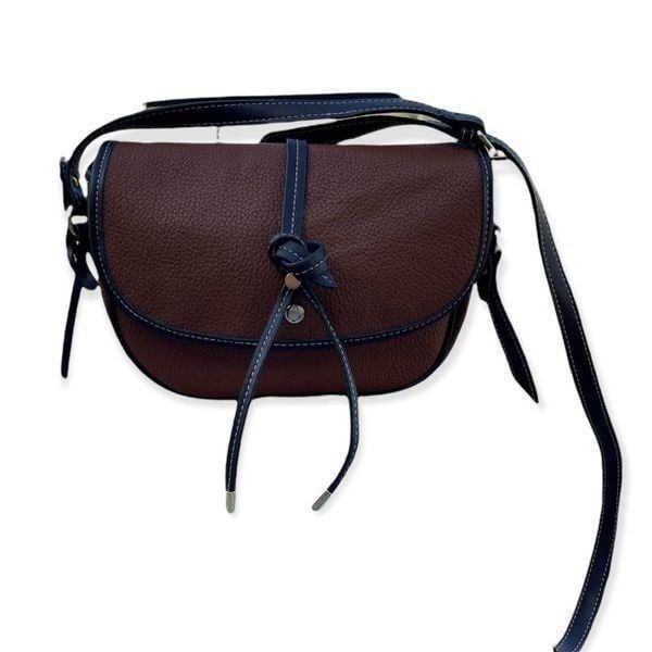 London Fog Two Tone Brown Faux Leather Crossbody Shoulder Bag Multiple Pockets