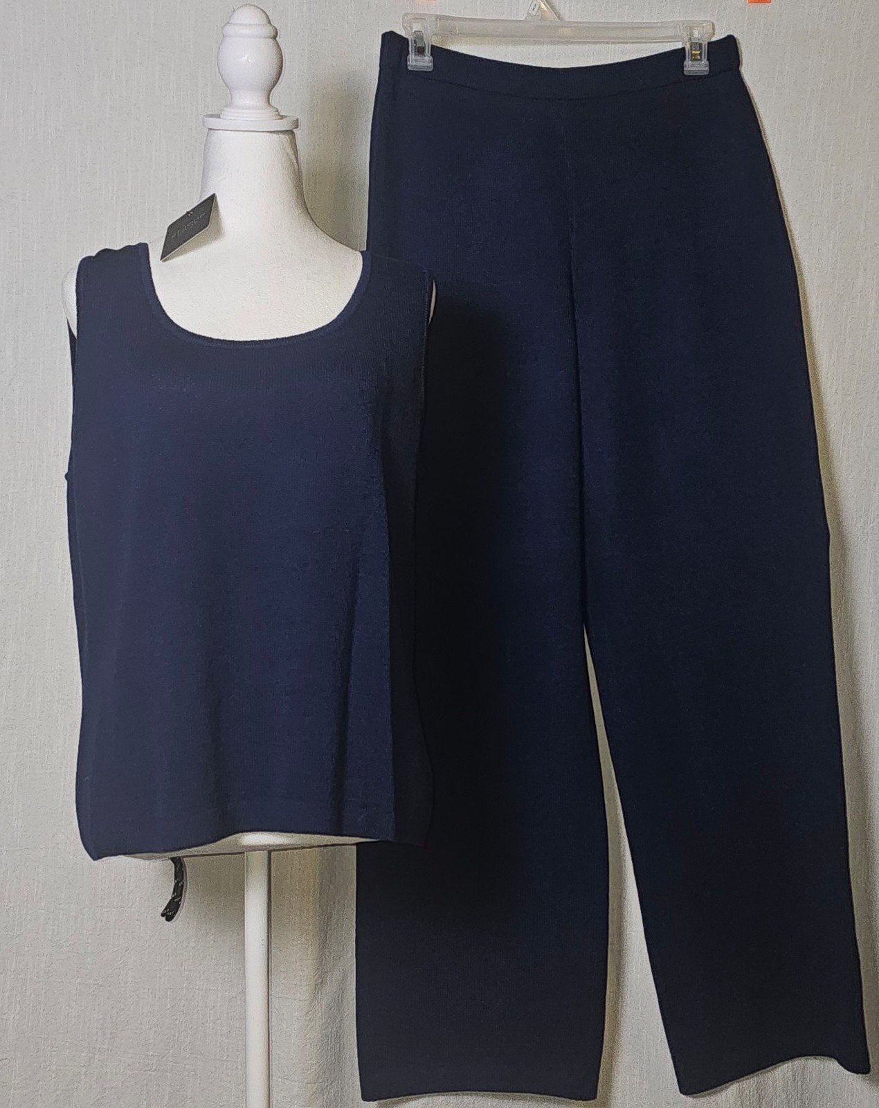 St John 2pc Wool Blend Wide Leg Pants w Tank Top,SZ L(Top)12(Pants) Blue, 795