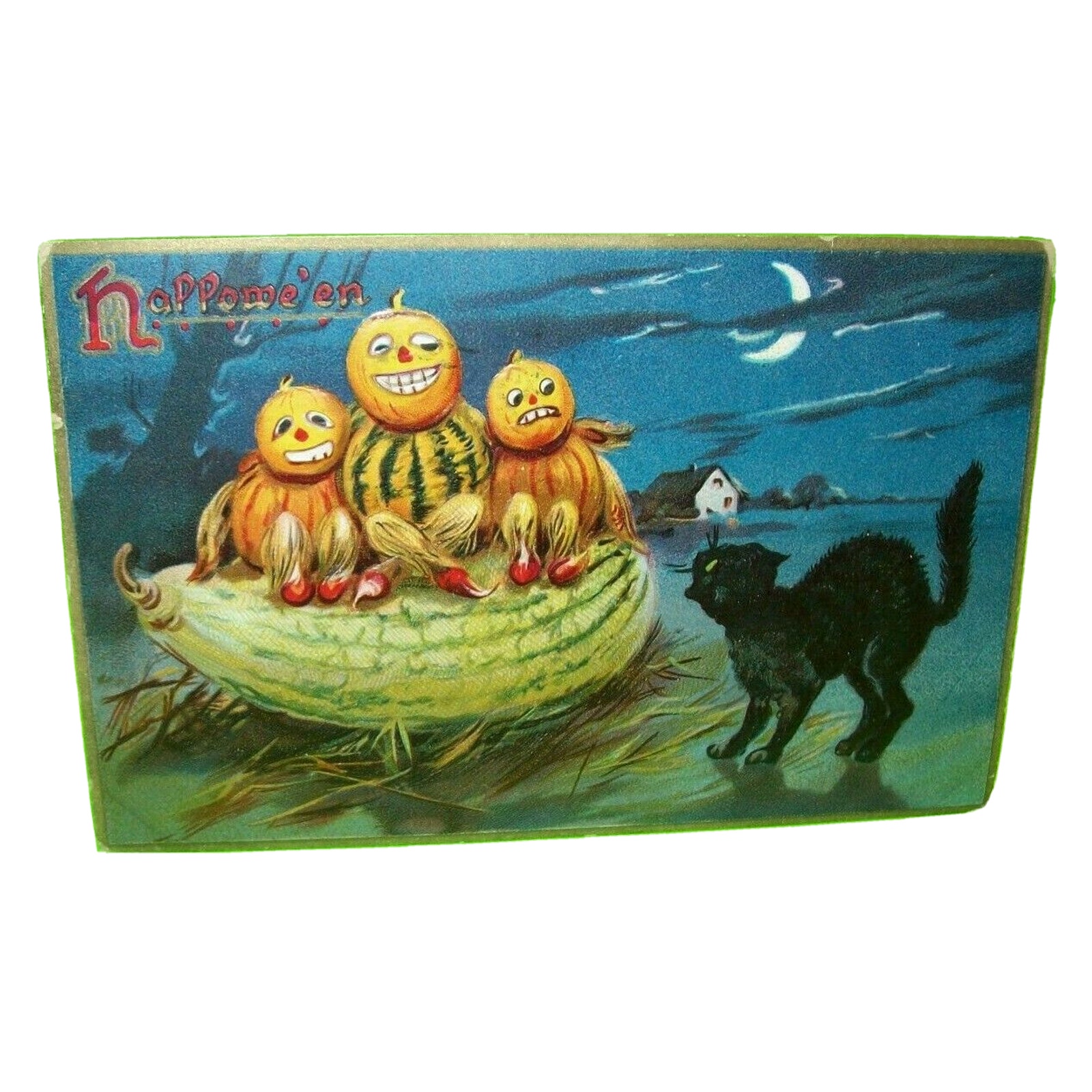 Fantasy Halloween Postcard Tuck Anthropomorphic Goblins Black Cat Pumpkin People