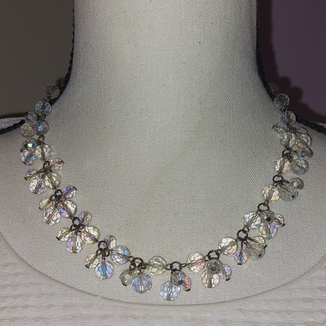 Vintage Aurora Borealis Crystals Sterling Silver Cluster Beads Collar Necklace
