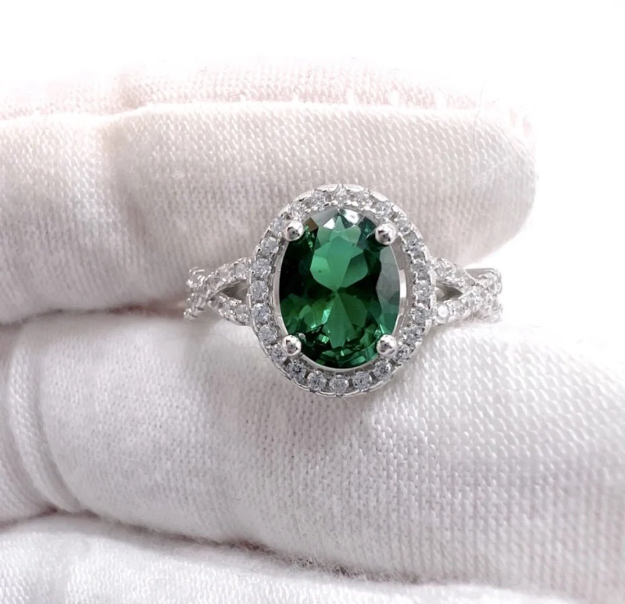 .925 Sterling Silver Simulated Green Emerald Cz Halo Infinity Style Ring