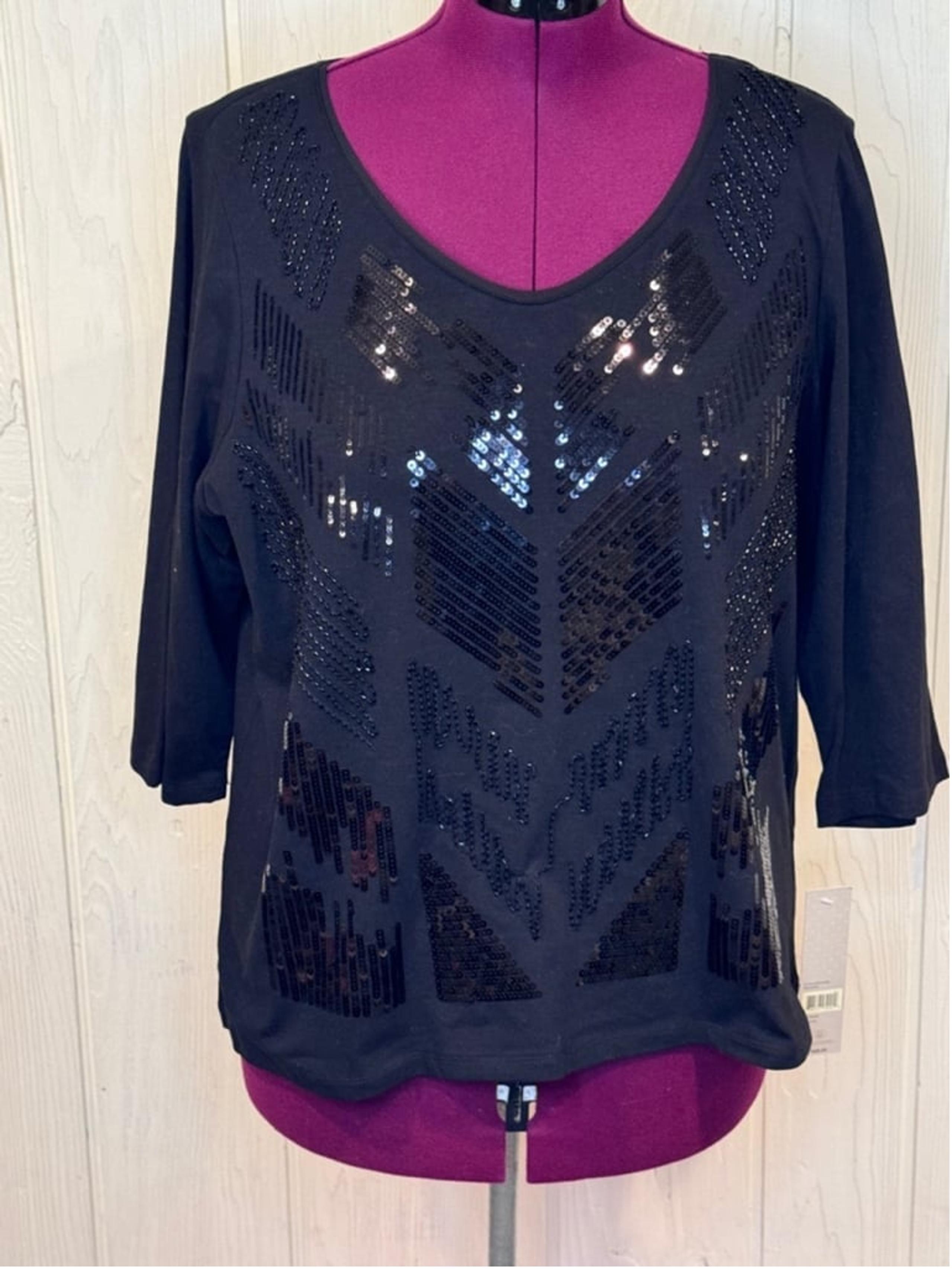 LAURA ASHLEY Sequins Knit 3/4 Sleeve Black Top Size 2X New with tags