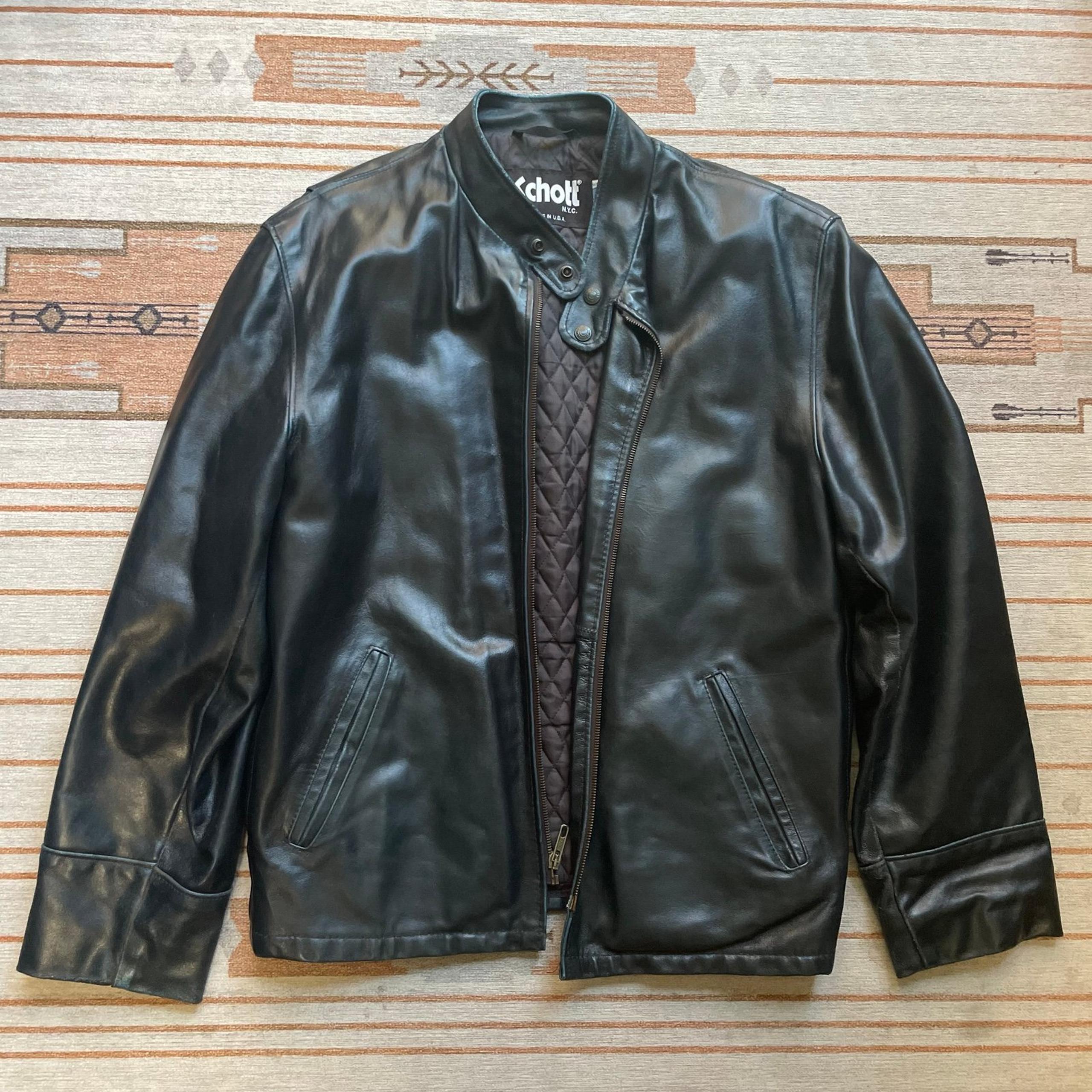 Vintage Schott NYC Leather Cafe Racer Jacket Men’s Large Dark Green