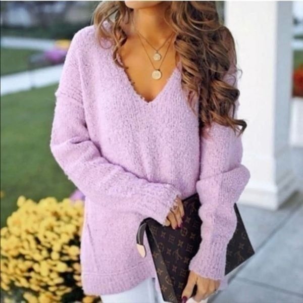 Free People Lofty Alpaca Blend Lilac Oversized Chunky Knit V-neck size S