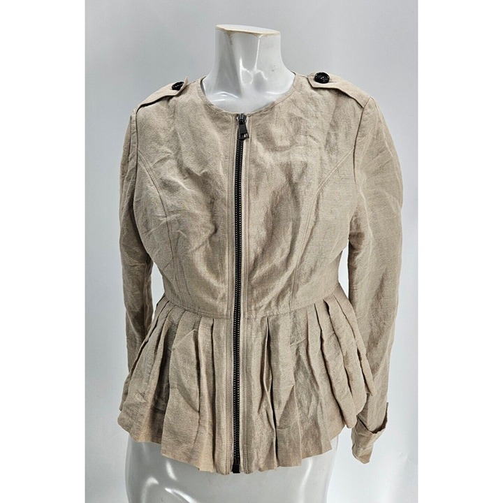 117 Burberry London Womens Cream Ramie Silk Full Zip Pleated Bomber Jacket 6