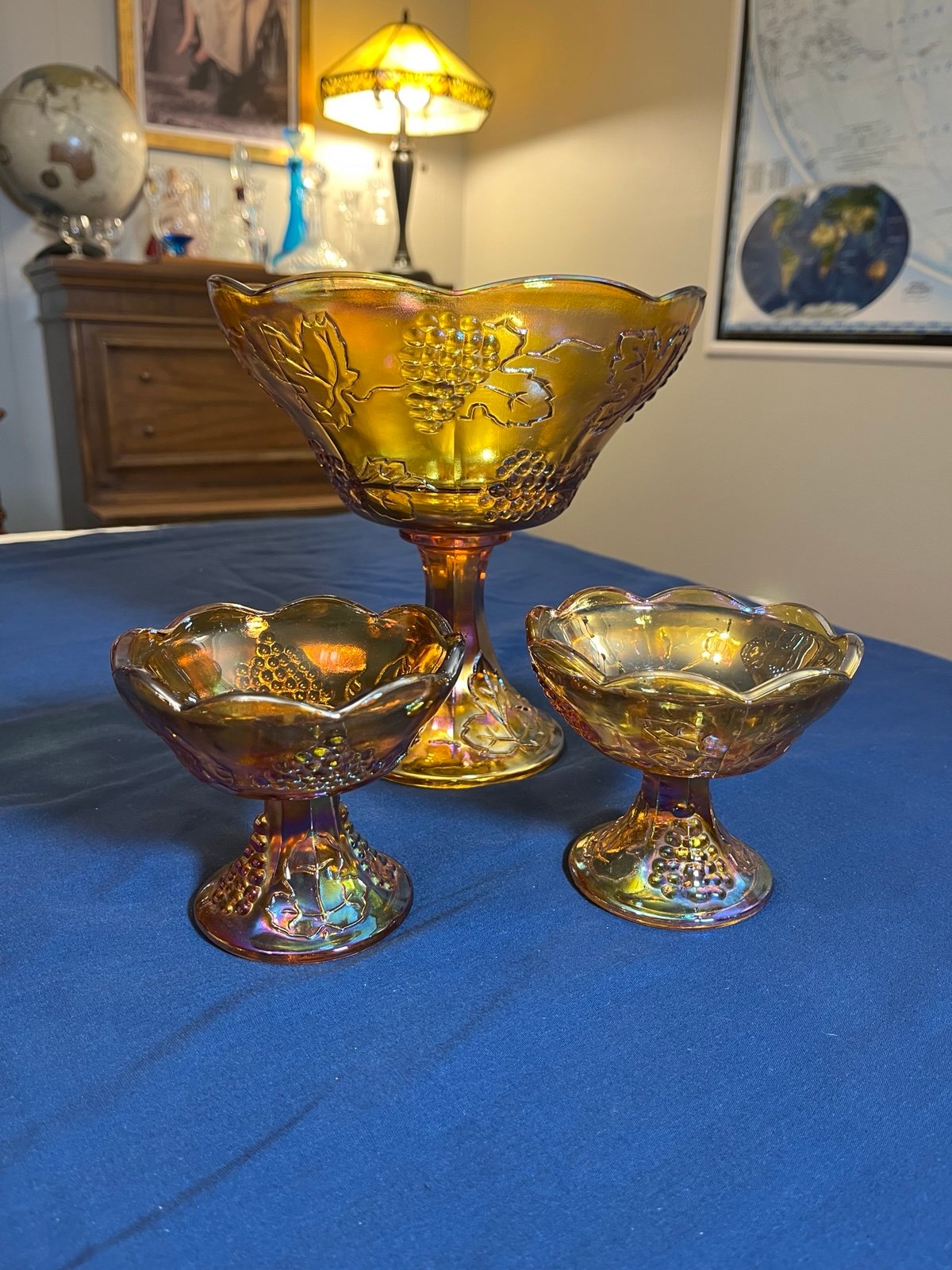 Indiana Carnival Glass Scalloped Compote and Candlesticks