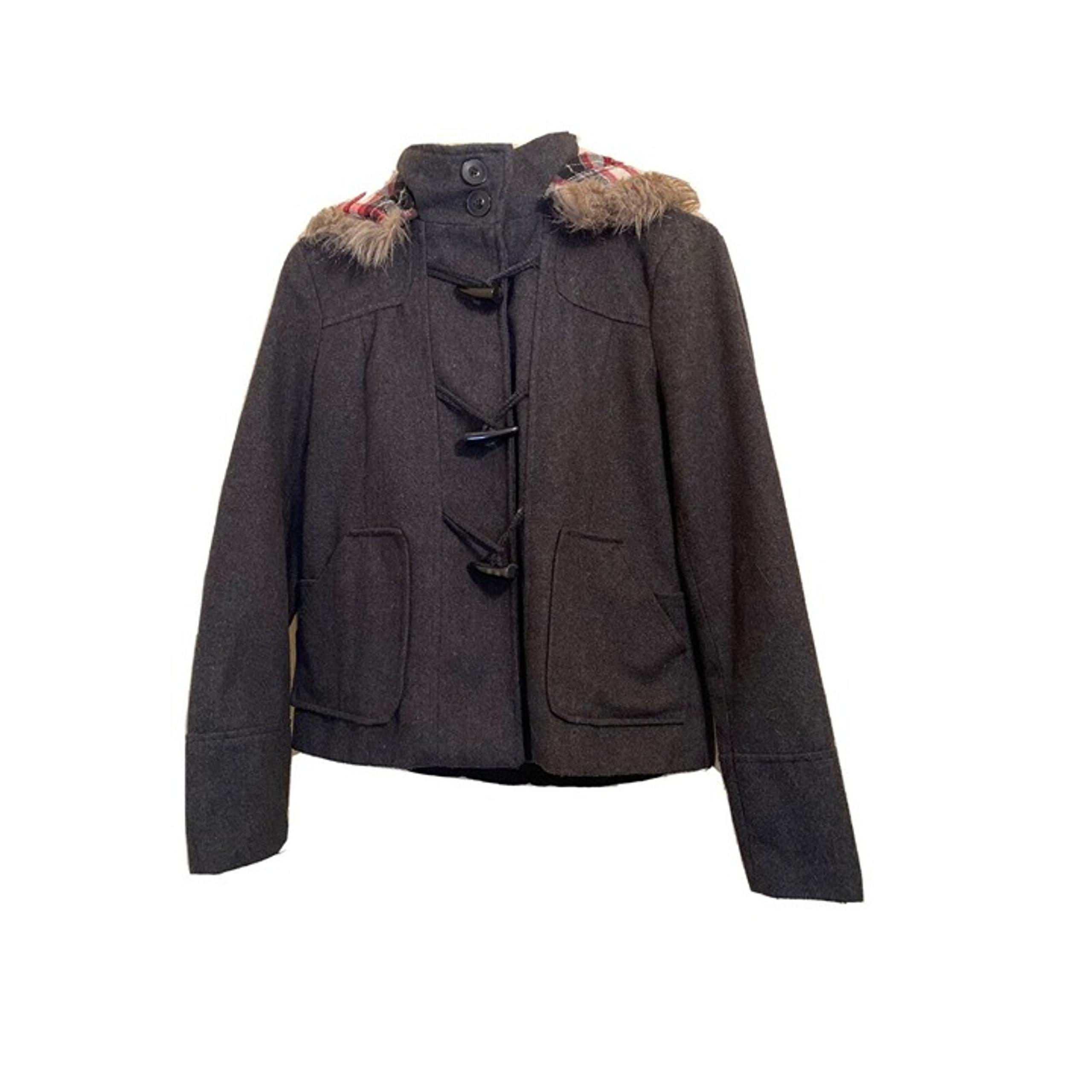 Miss London Women M Faux Fur Trim  Hood Bomber Jacket Car Coat Black Wool Blend