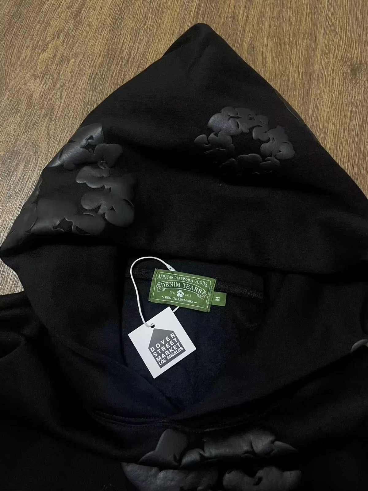 Black on black denim tears hoodie