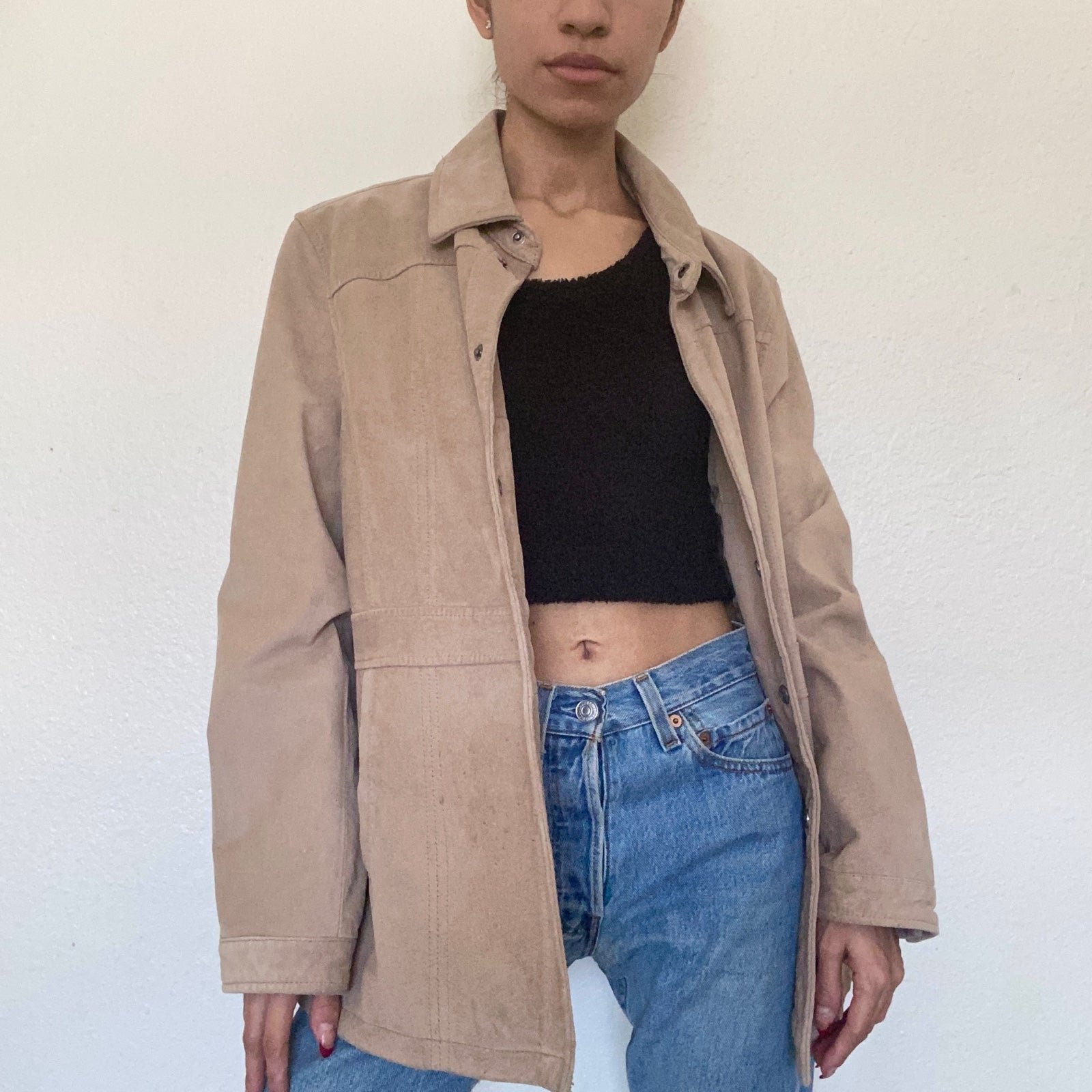 Tan Beige Suede Vintage Leather Coat Jacket