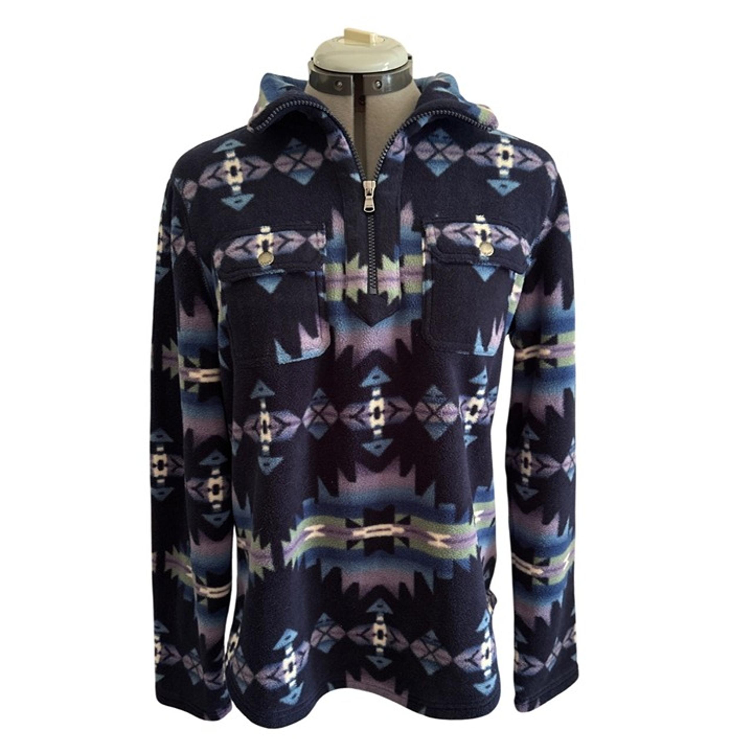 Chaps Womens Aztec Print 1/4 Zip Fleece Pullover Top Medium Navy Blue/Purple