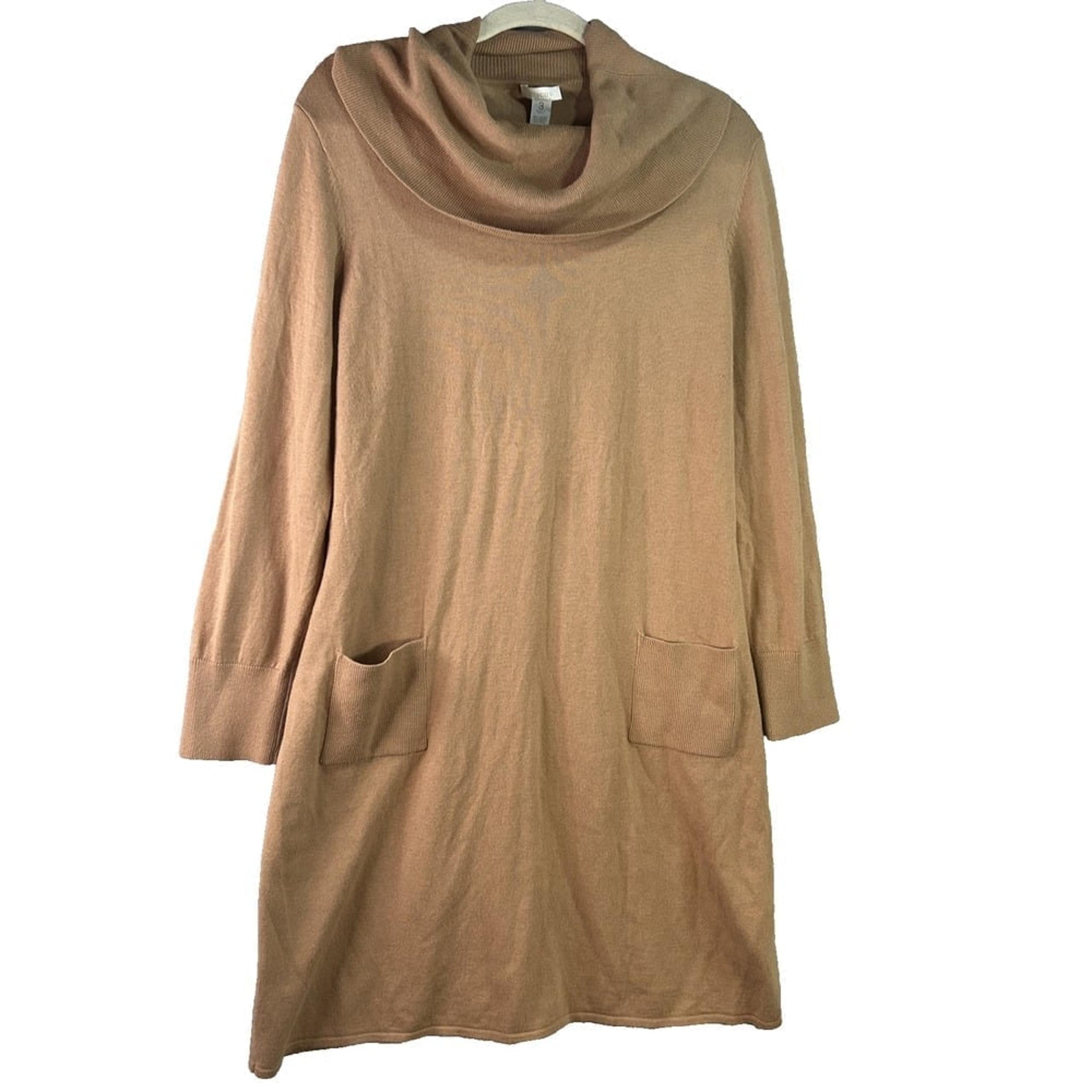 Chico's Sweater Dress Womens Camel Heather Fine Gauge Cow Neck Boho Classic SZ 3