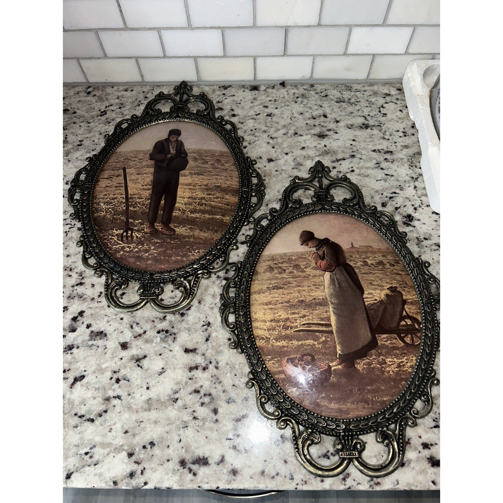 Vintage Oval Metal Ornate Frames Bubble Glass Of The Angelus by Millet Qty 2