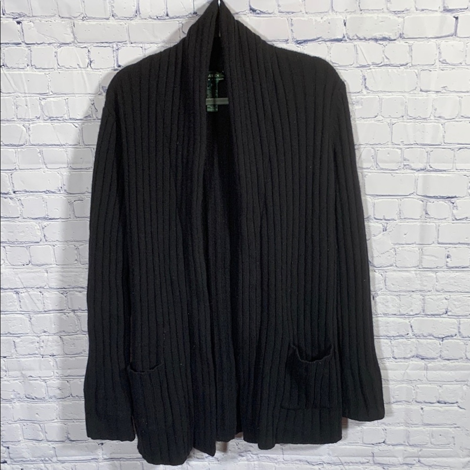 Lauren Ralph Lauren Womens Ribbed Open Front Cardigan Black Cashmere Blend Sz M