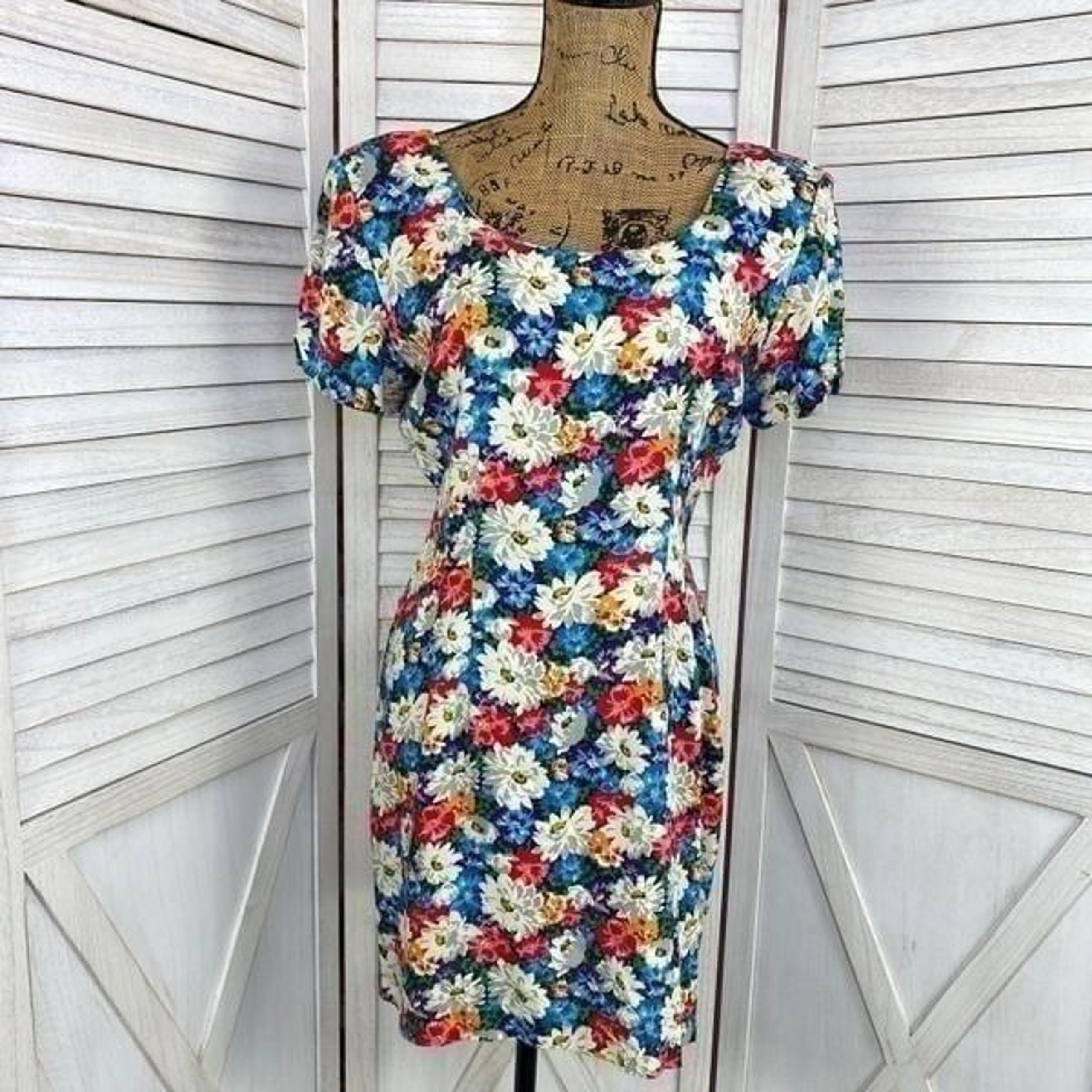 LA Belle Vintage Floral Sheath Dress Blue White 7 Small