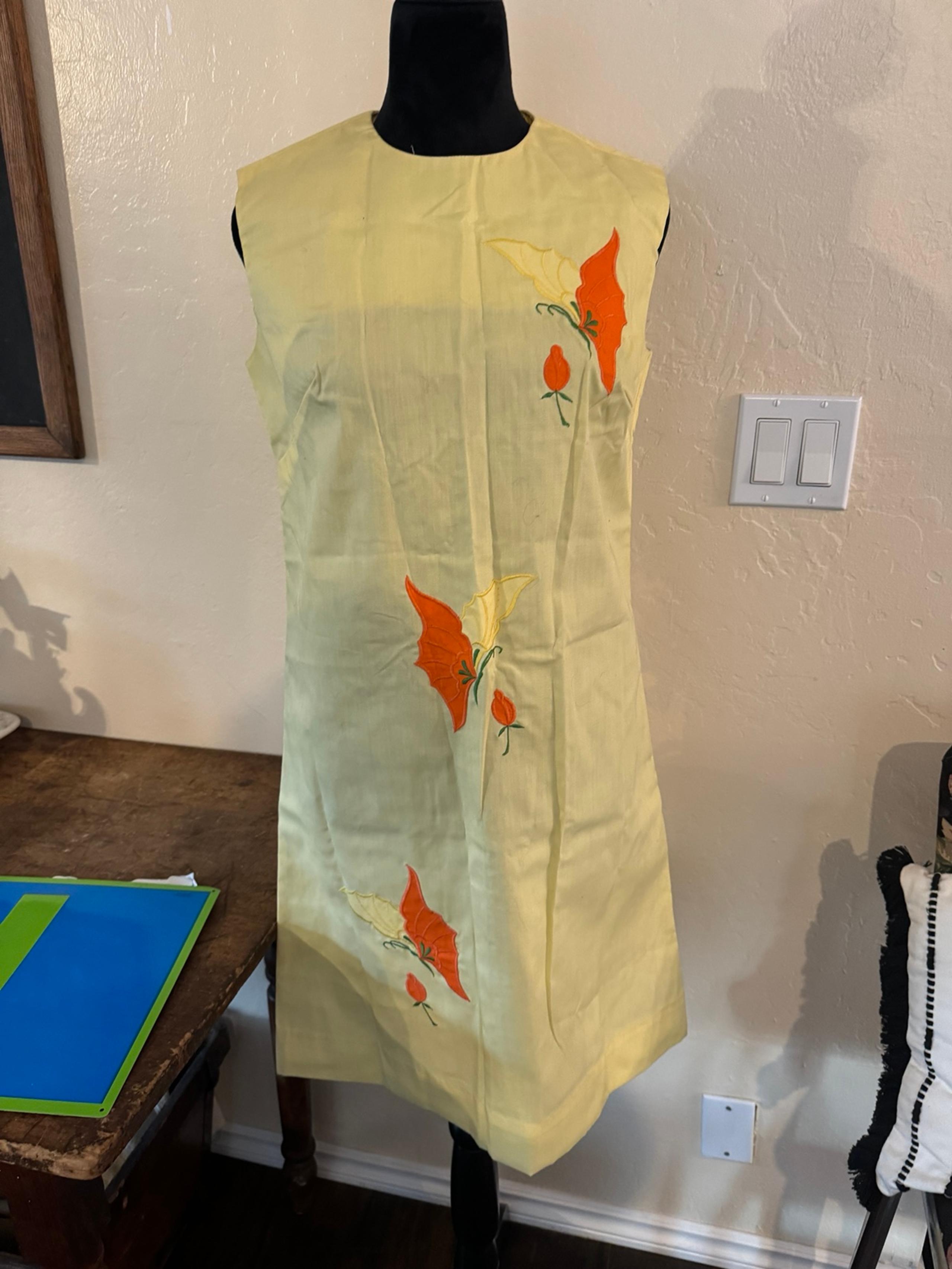 Vintage Yellow Sleeveless Butterfly Dress Womens LADY MADEIRA
