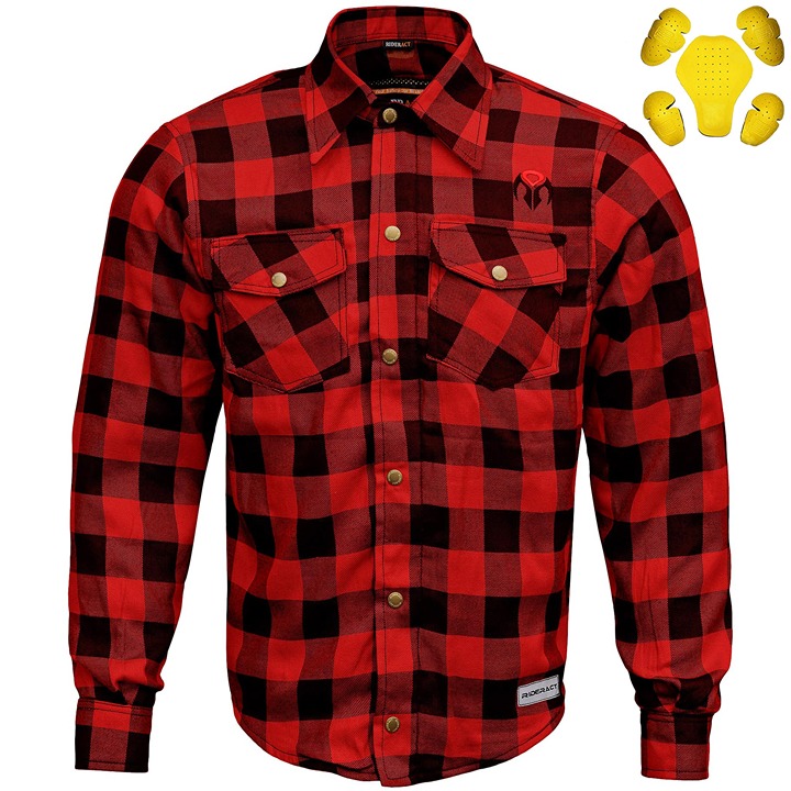 RIDERACT® Men's Red Flannel Biker Shirt With Set Of CE Armors Medium Size