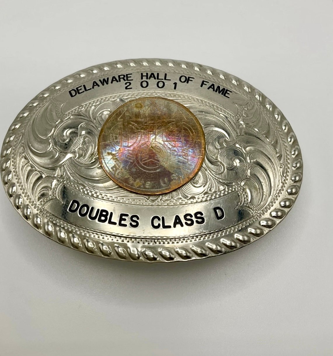 Delaware Hall of Fame 2001 Double Class D Belt Buckle Tilden Trophies Silver Grm