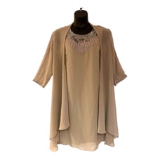 size L Feather-Beaded Taupe Chiffon Midnight Velvet Jacket Dress Church Suit