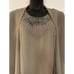 size L Feather-Beaded Taupe Chiffon Midnight Velvet Jacket Dress Church Suit